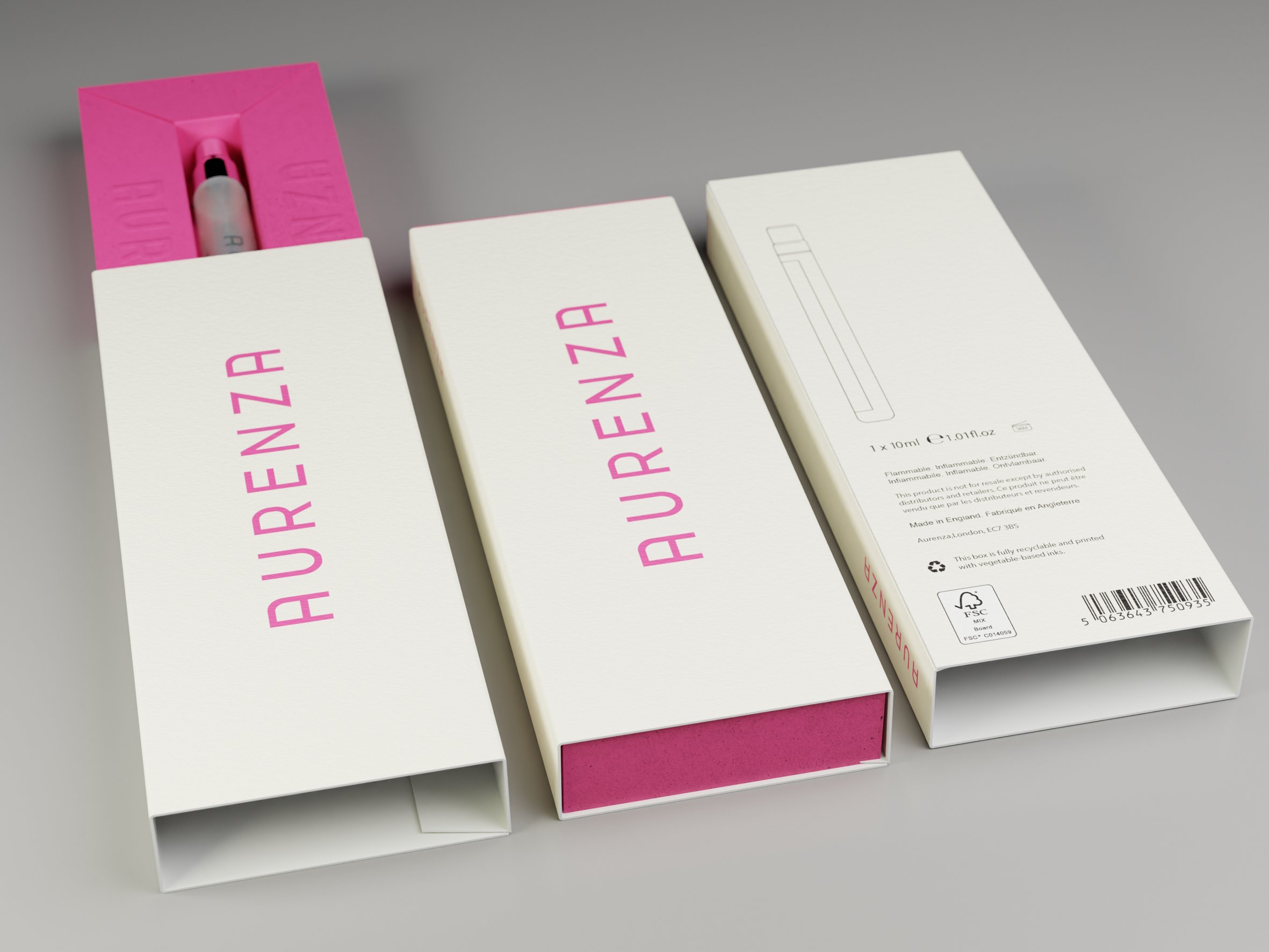 Three boxes of skincare or beauty product with one open revealing a spray bottle inside, with pink and white packaging and minimalist design.