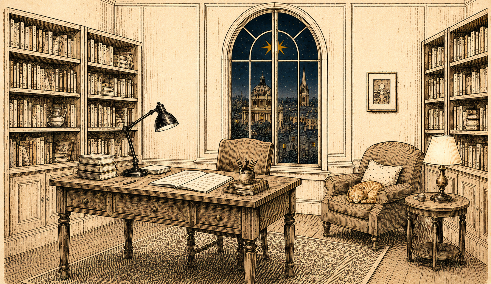 A cozy, vintage-style library room with a wooden desk, bookshelves filled with books, a window with a night sky view, and a sitting armchair with a sleeping cat. There is a lamp on a side table and a framed picture on the wall.