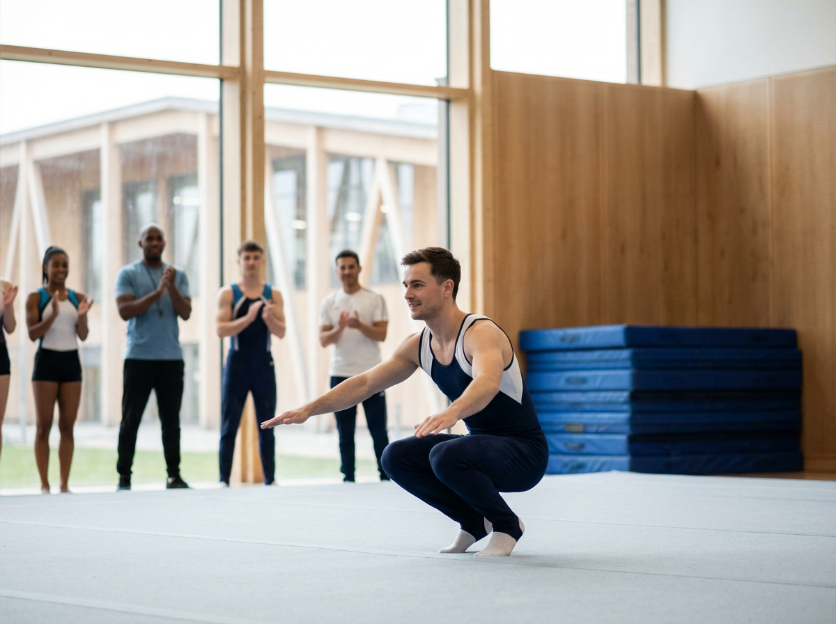 Male gymnast in a blue and white leotard squatting in a gymnasium with a group of onlookers clapping in the background.