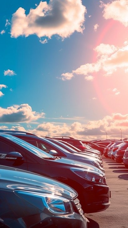 A row of parked cars in a parking lot under a partly cloudy sky with sunlight.
