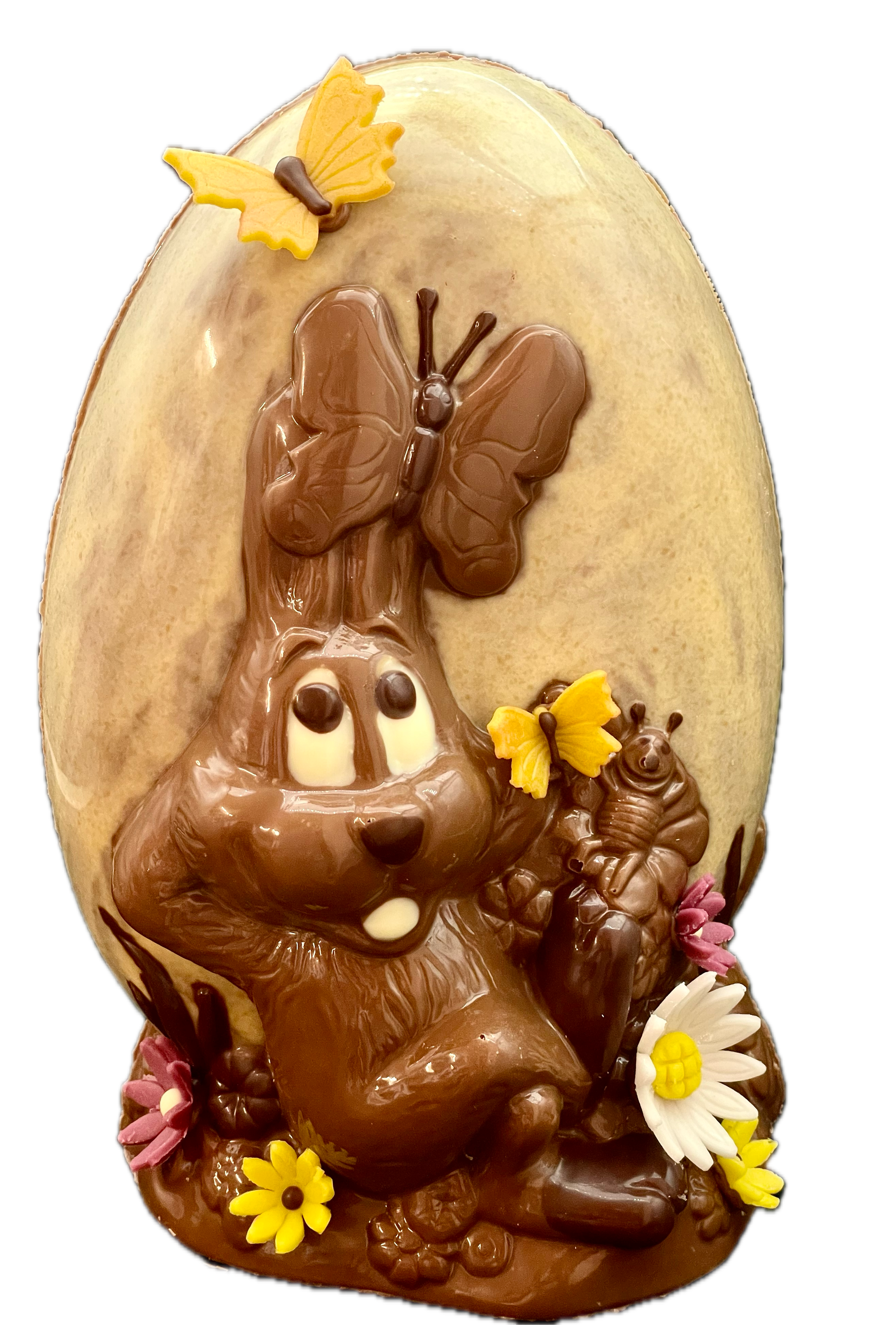 Wunderschöner Osterhase mit Schmetterlingen und Ei aus Grand Cru Schokolade von Felchlin von der Bäckerei Schillig in Bürglen und Erstfeld