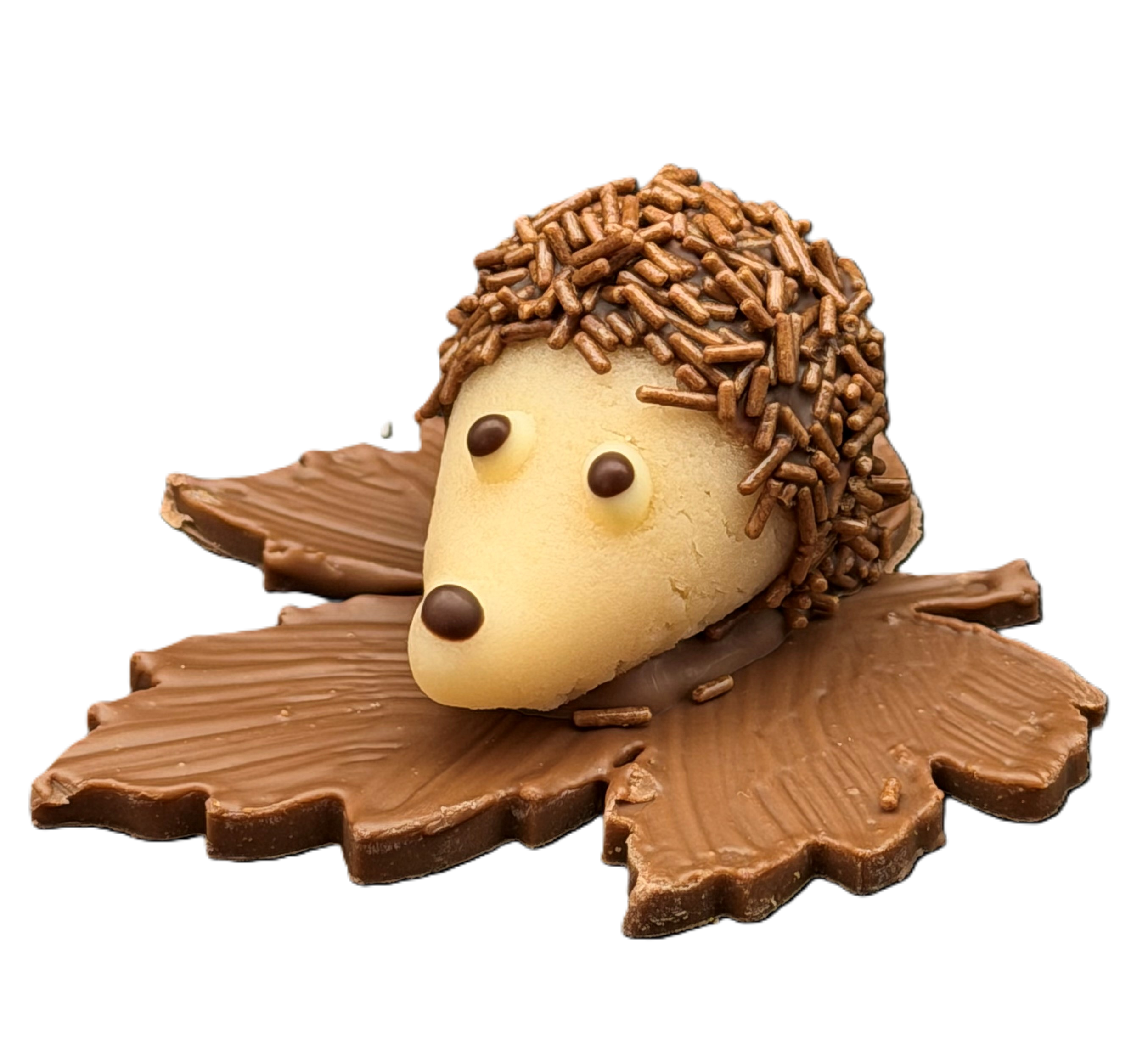 Herziges Igeli aus Marzipan auf Schokolade-Ahornblatt