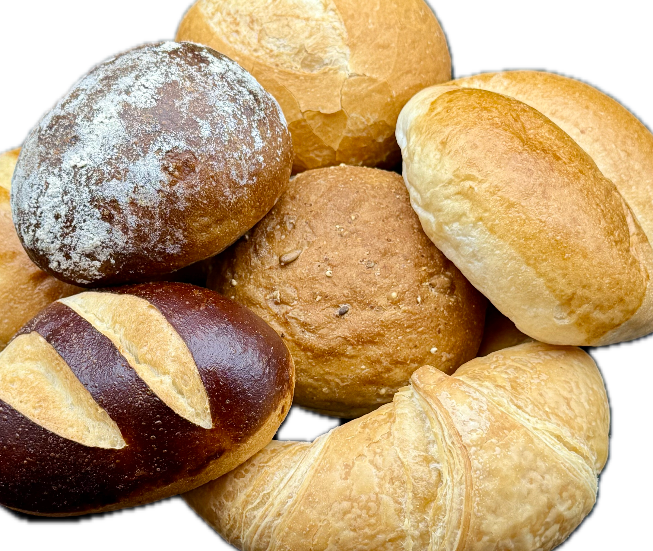 Verschiedene frische Brötli, Mutschli, Gipfeli