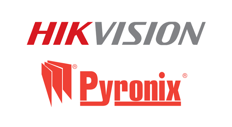 HIKVISION and Pyronix logos in red and gray on a white background