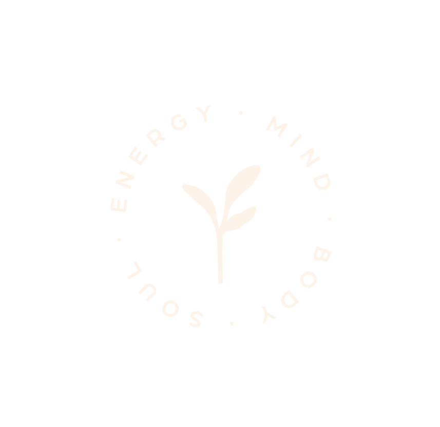 A minimalist logo with a small plant sprout in the center and the words 'Energy', 'Mind', 'Body', 'Soul' arranged in a circle around it, all in white on a black background.