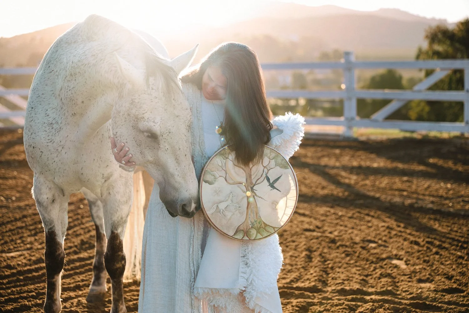 Woman and her horse connecting in the morning sun