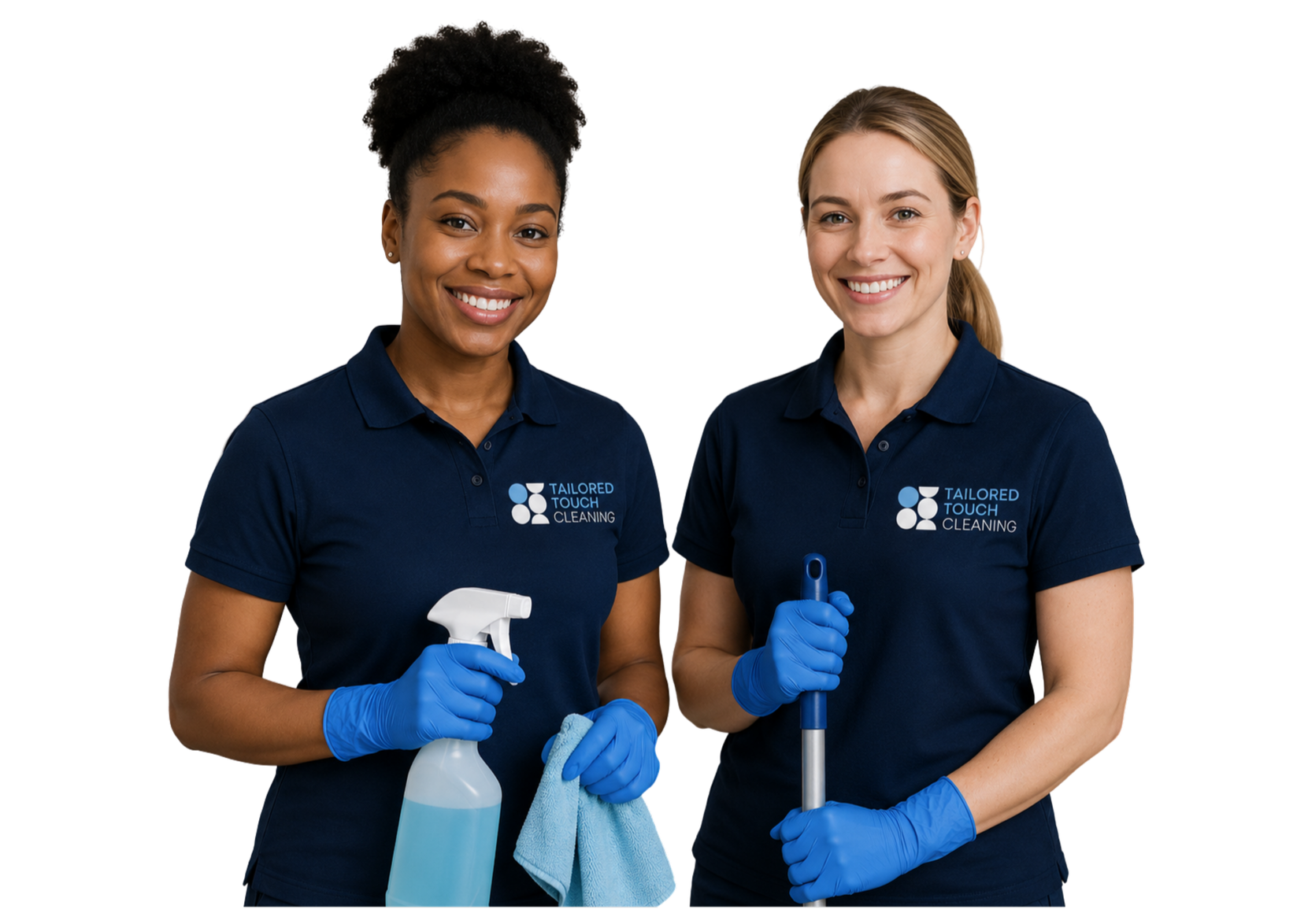 Two smiling women wearing navy blue polo shirts with a cleaning company logo, blue rubber gloves, holding cleaning spray and mop, standing together against a black background.
