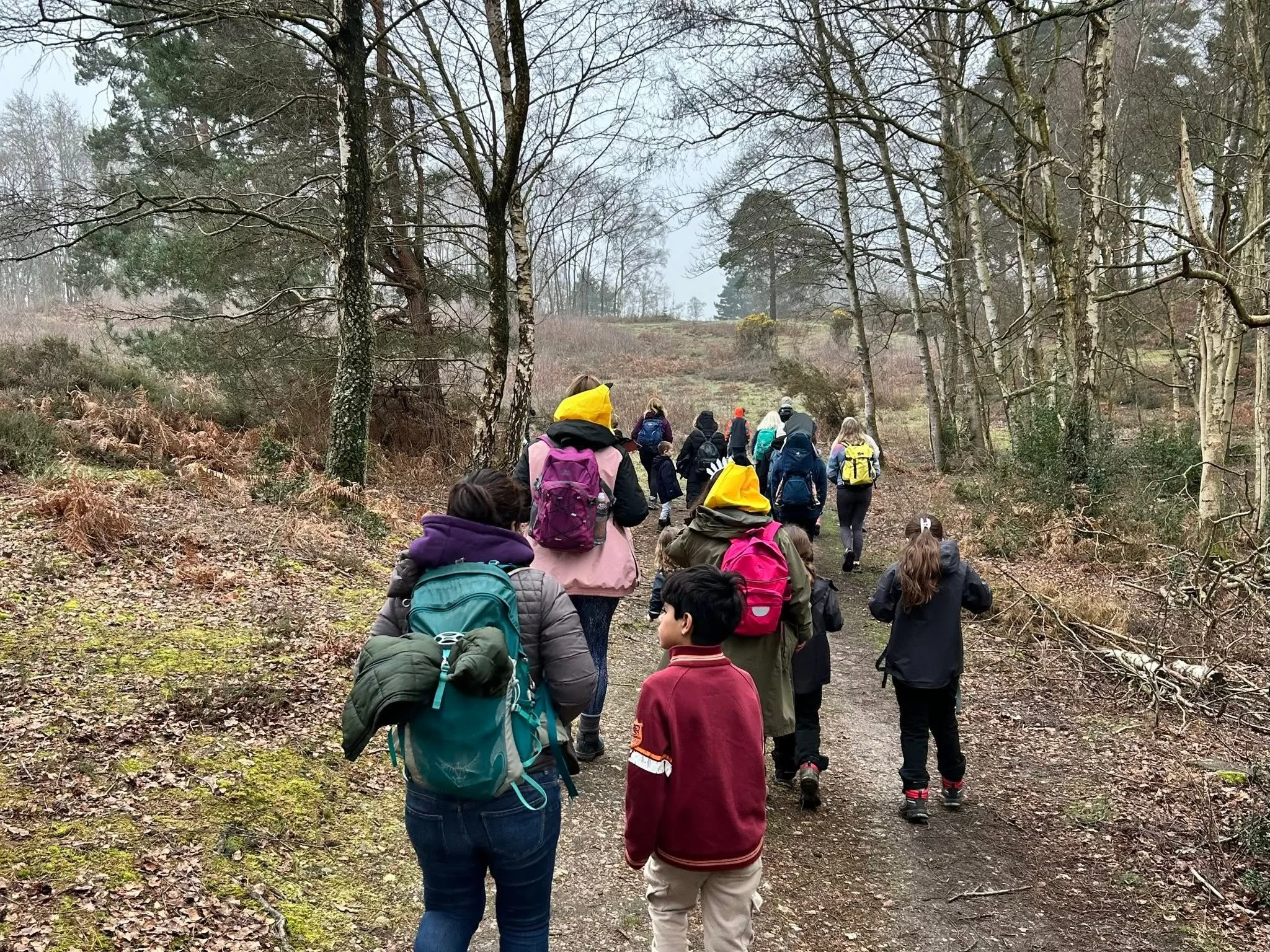 A group of children and adults hiking on a trail through a wooded area with mostly leafless trees.