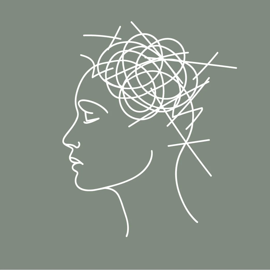 An abstract sketch - a single, unbroken line depicts a person's face in profile. In place of their hair, there are swirls, jagged lines and sharp angles.