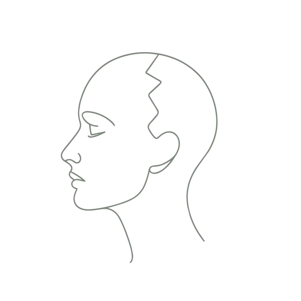 An abstract sketch - a single, unbroken line depicting a person's head in profile. They have no hair and a jagged line runs down the middle of their head, joining onto their ear, splitting the image into two.