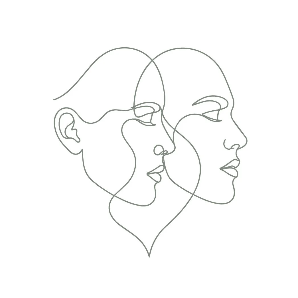An abstract sketch - a single, unbroken line depicting two identical, overlapping faces in profile.
