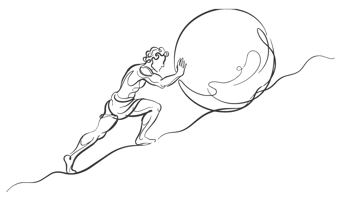 A sketch - a single, unbroken line depicting the Greek Myth of Sisyphus, a King who was punished by the gods to eternally push a boulder up a hill, only for it to roll back to the bottom.