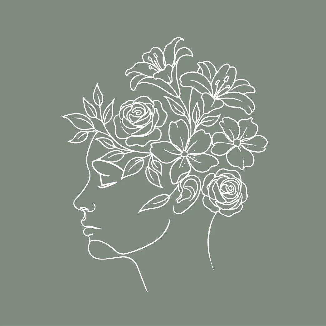 An abstract sketch - a single, unbroken line depicting a person's face in profile. Sketched flowers replace their head and hair, suggesting growth and abundance.