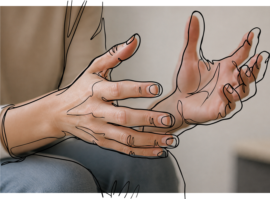 A close-up photo of a therapy client's hands, gesticulating in mid-description. A single, unbroken pencil-style sketch line overlays the image, highlighting particular details in the photo.