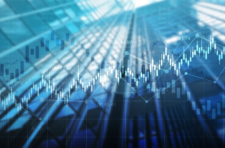 Digital stock market charts and data overlays with upward trends and fluctuating lines.