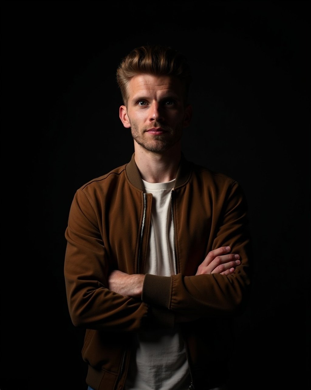 A young man with light skin, brown hair, and a beard standing against a black background. He is wearing a brown jacket over a white t-shirt and has his arms crossed, looking slightly to the side.