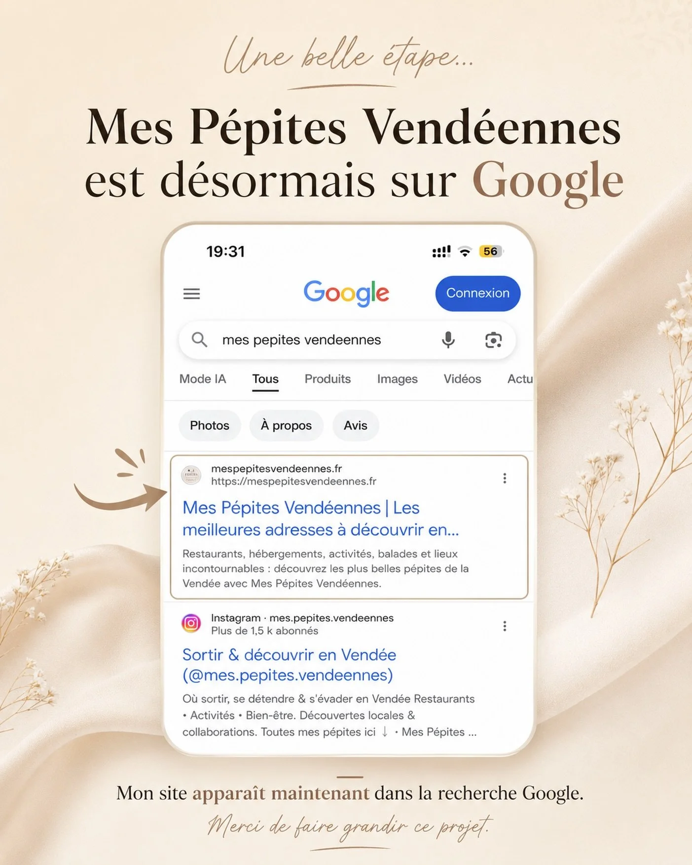 &Ccedil;a y est&hellip; Mes P&eacute;pites Vend&eacute;ennes appara&icirc;t d&eacute;sormais directement sur Google ☺️

Une nouvelle &eacute;tape franchie pour ce projet qui grandit chaque jour.

Merci &agrave; toutes les personnes qui le d&eacute;co