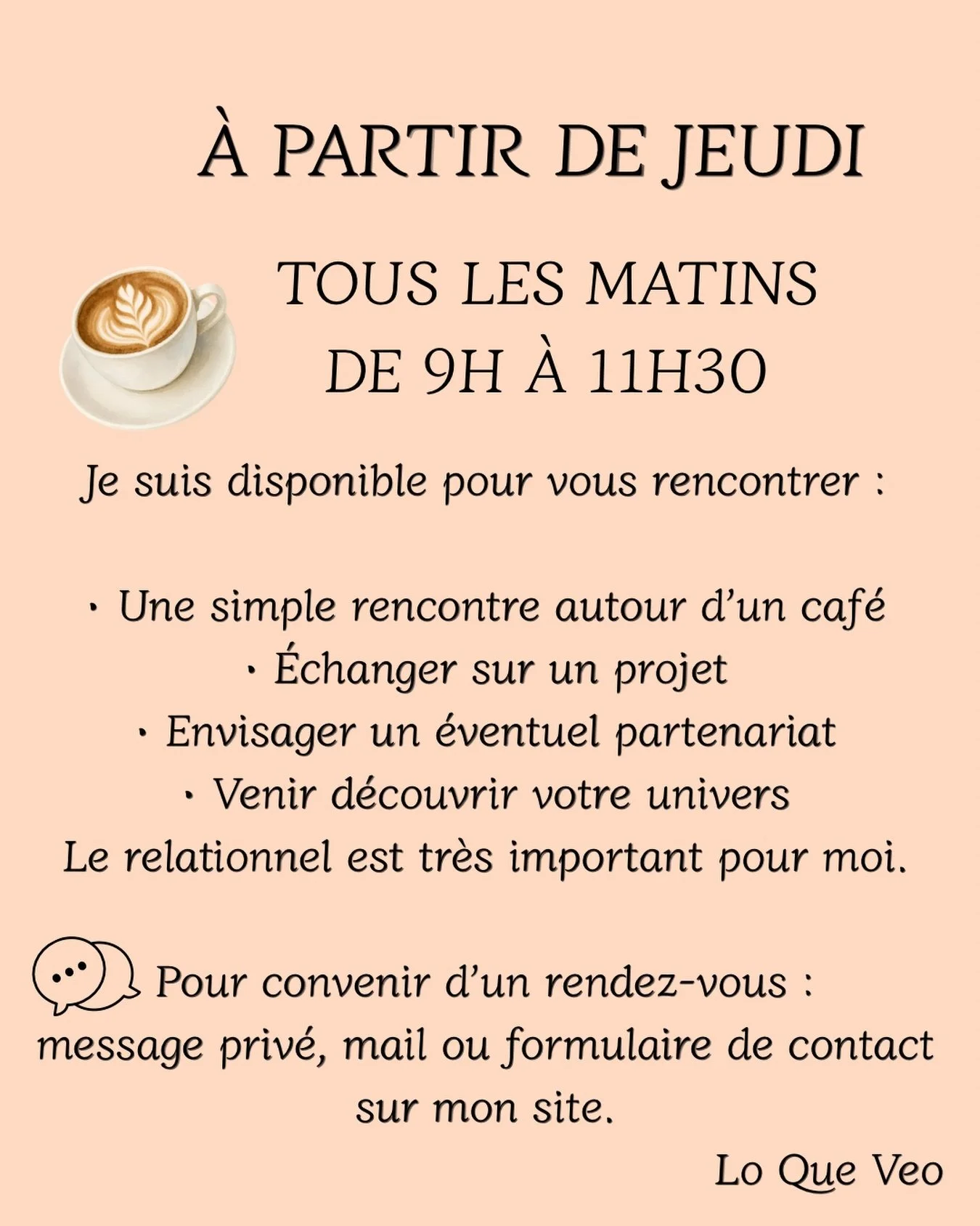 &Agrave; partir de jeudi, j&rsquo;ouvre mes matin&eacute;es aux rencontres et aux &eacute;changes.

De 9h &agrave; 11h30, je serai disponible pour prendre le temps de discuter autour d&rsquo;un caf&eacute;, &eacute;changer sur un projet, envisager un