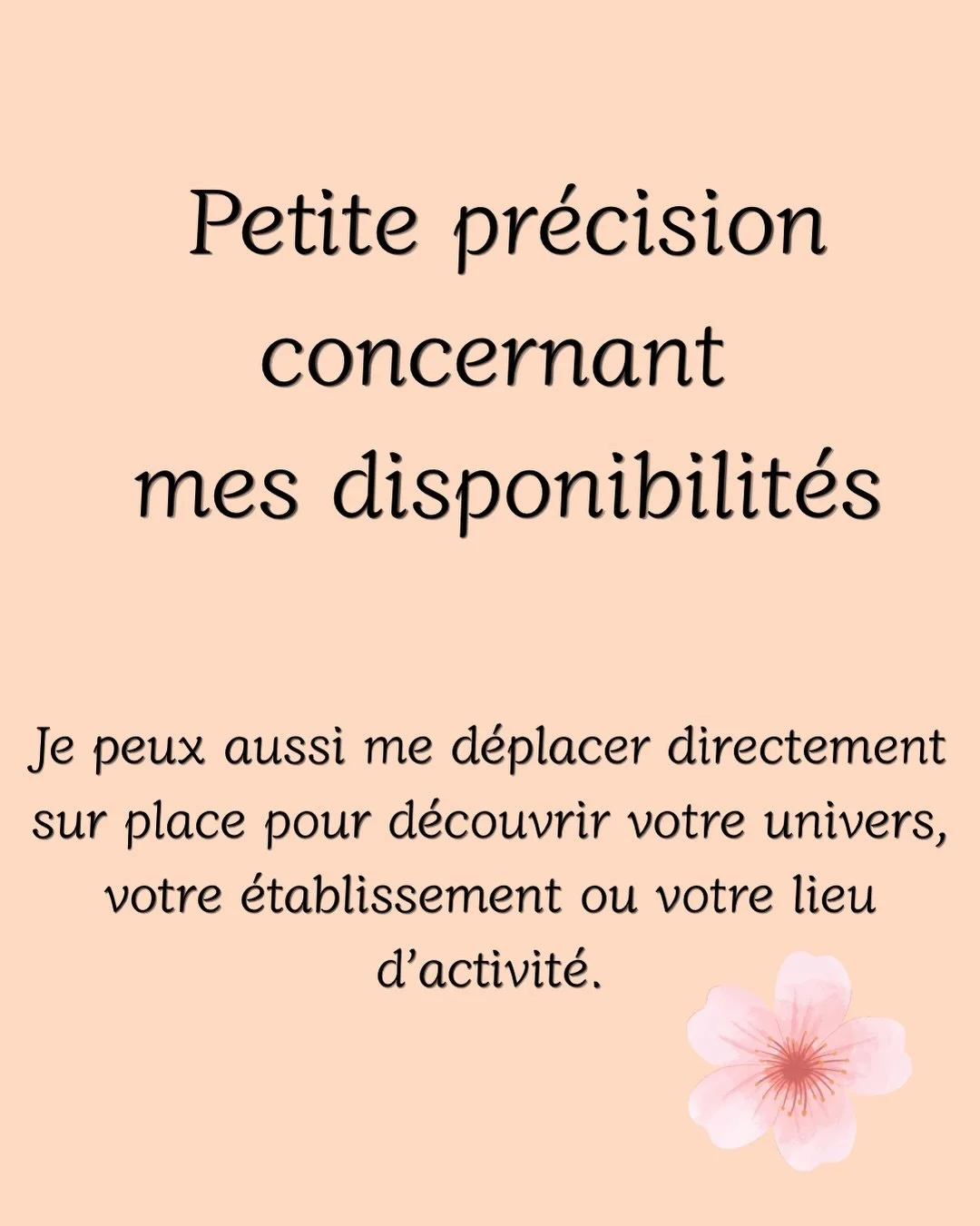 Petite pr&eacute;cision concernant mes disponibilit&eacute;s ☺️

Je peux bien s&ucirc;r me d&eacute;placer directement sur place pour d&eacute;couvrir votre univers, votre &eacute;tablissement ou votre lieu d&rsquo;activit&eacute;.

Les cr&eacute;nea