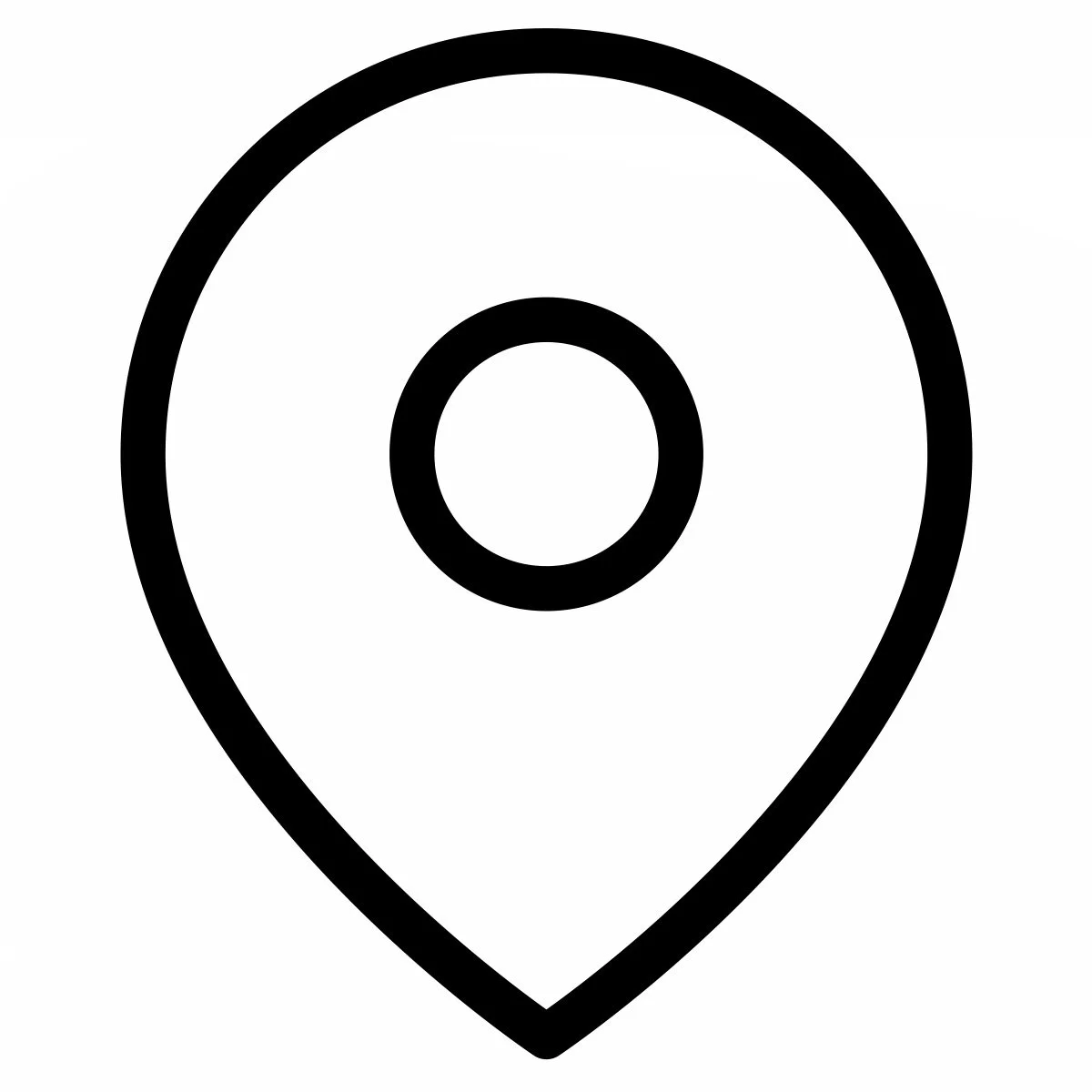 Outline of a map pin icon with a circular center.