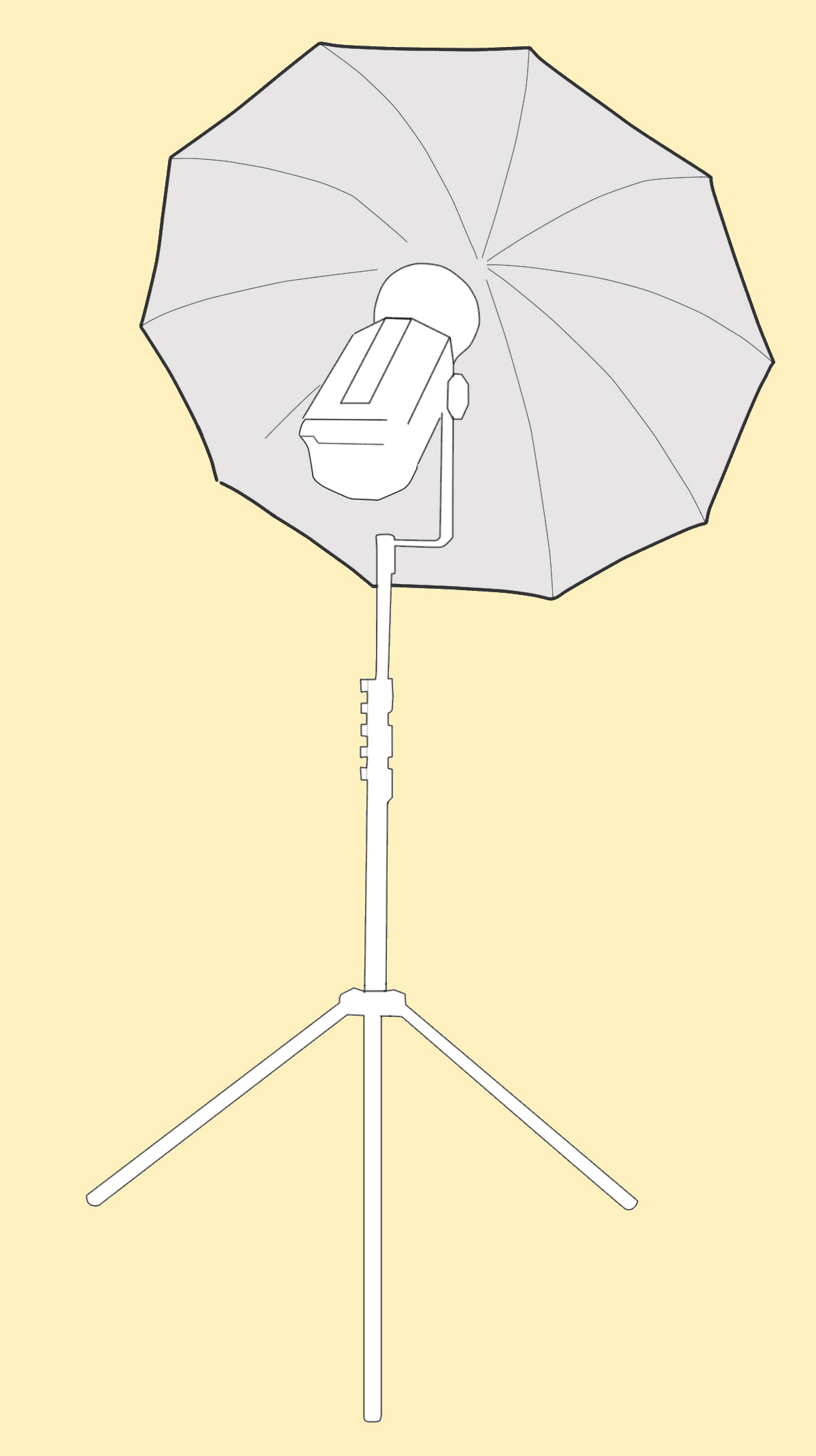 A photography studio setup with a grey umbrella light diffusion, a softbox, a light stand, and an extension cord on a plain beige background.