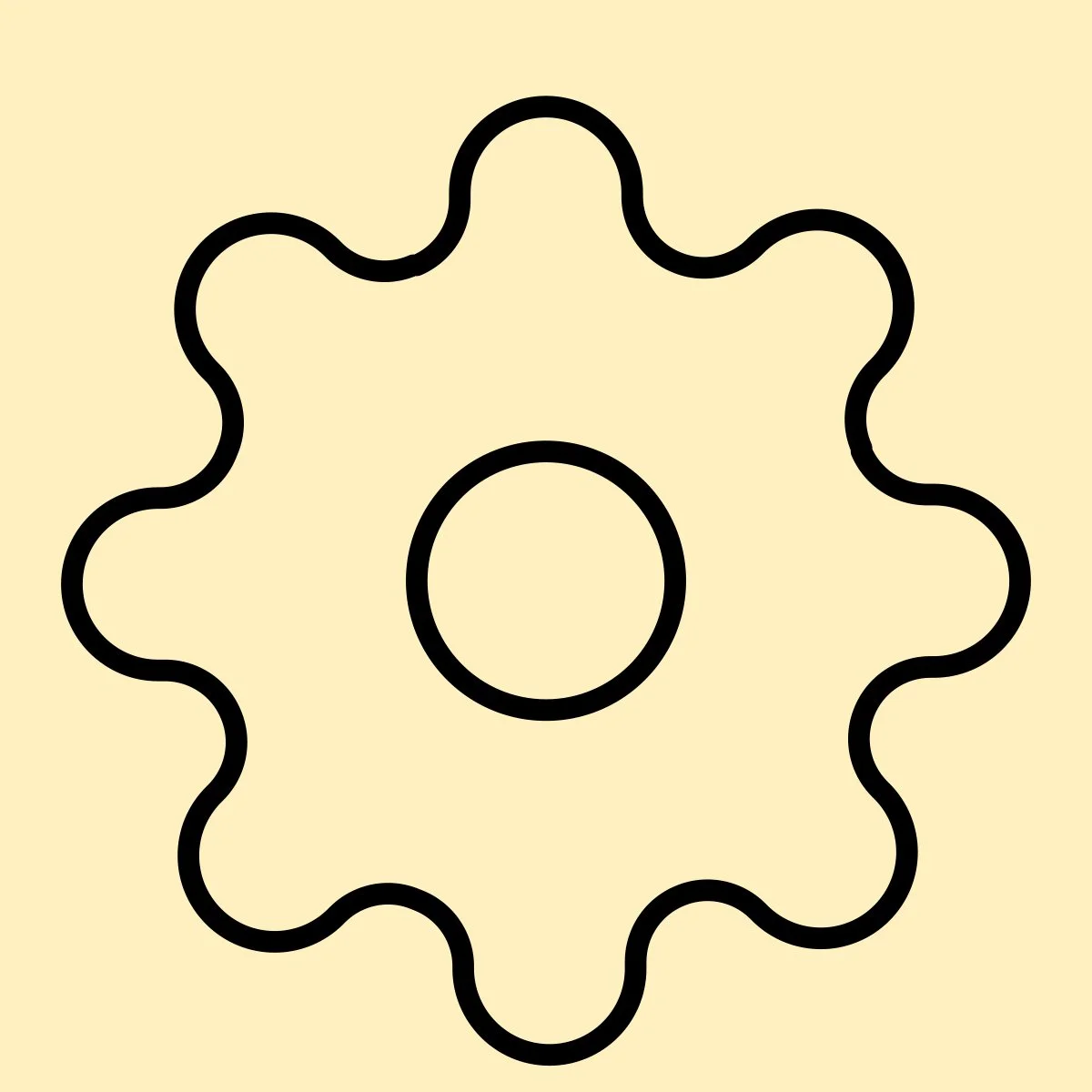 Outline of a gear or sprocket with a central hole on a light beige background.