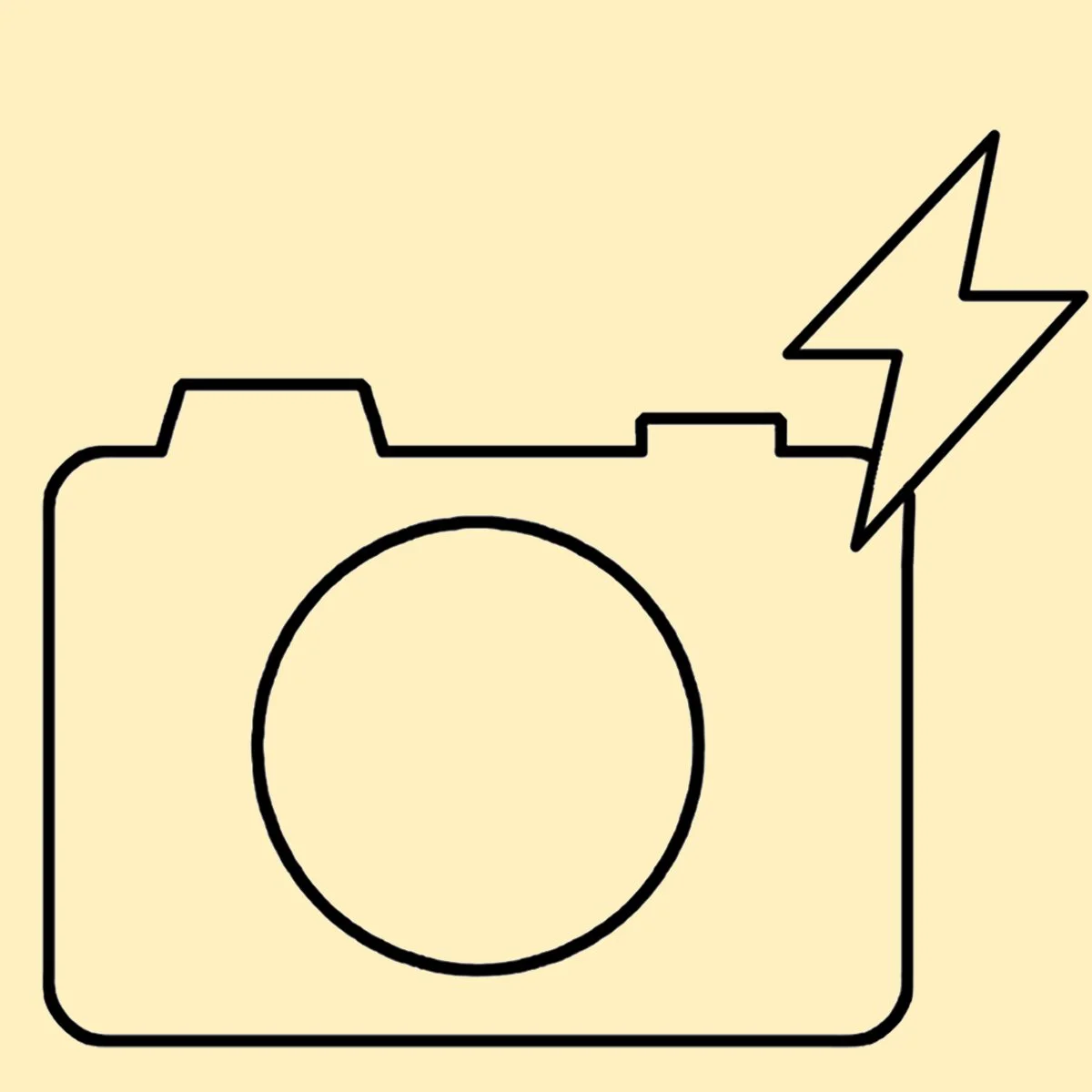 Prosta ilustracja aparatu fotograficznego z symbolem błyskawicy, oznaczającym lampę błyskową.