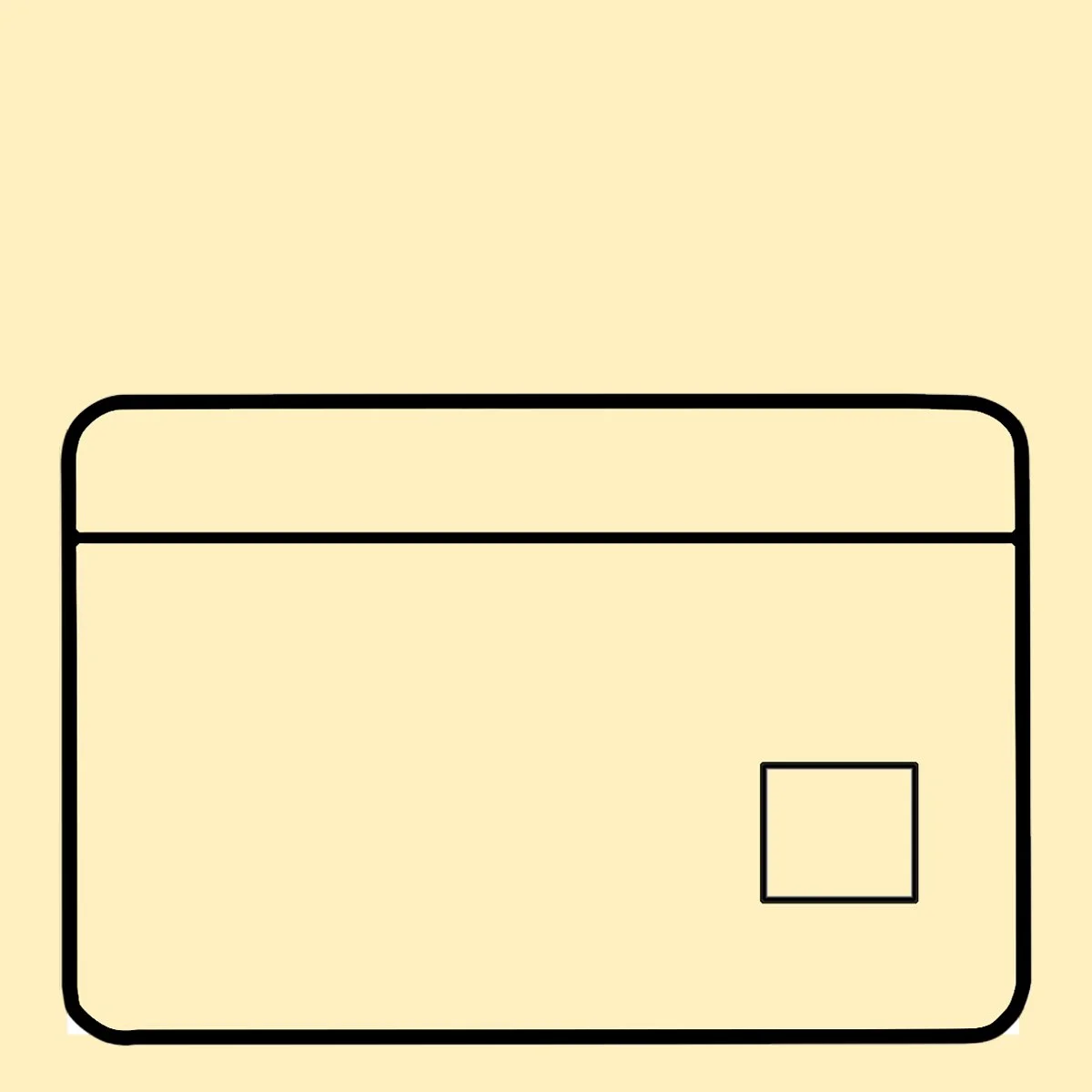 Prosta ilustracja cyfrowa przedstawiająca kartę kredytową z małym kwadratowym chipem z przodu, na jasnożółtym tle.
