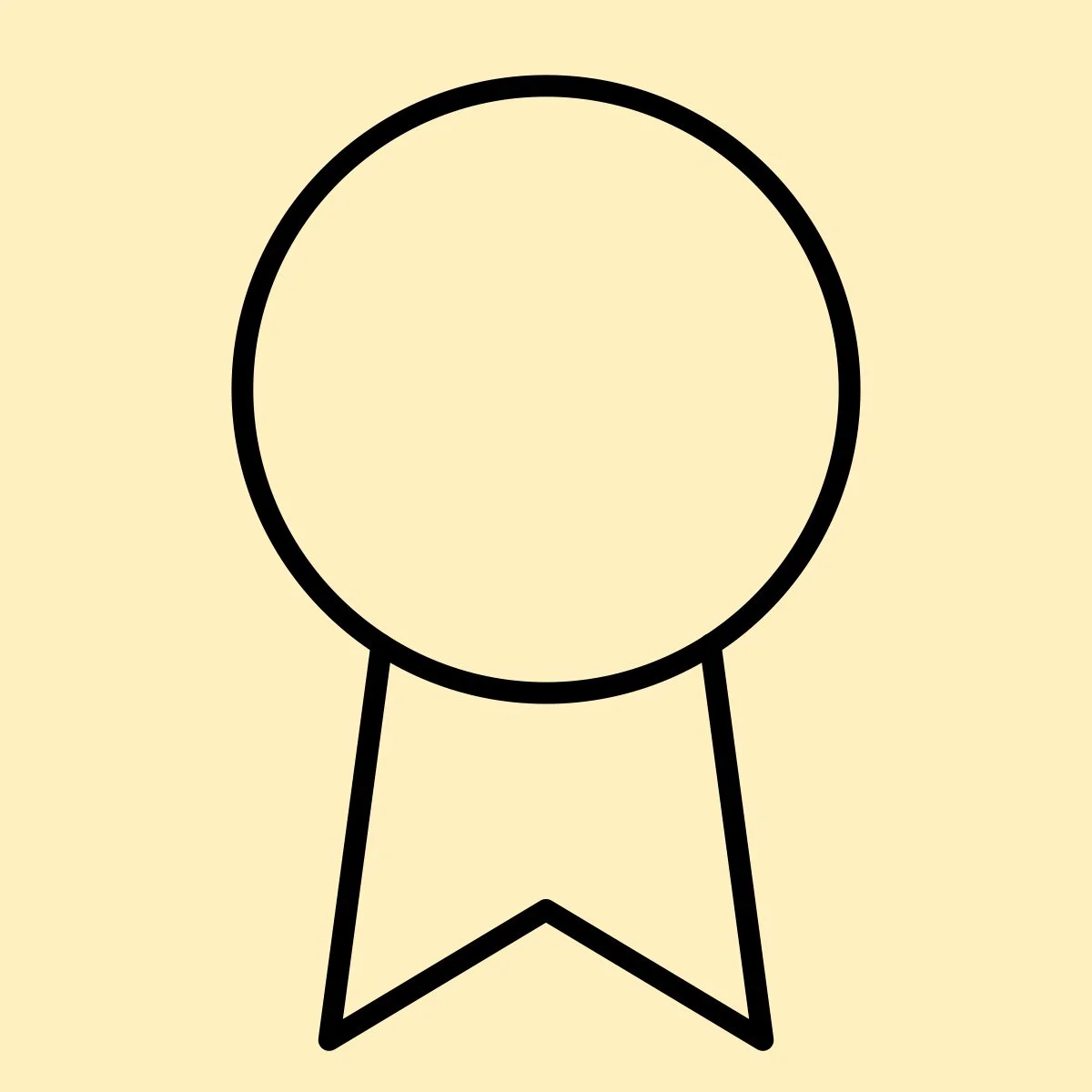 A simple black outline of a medal or ribbon with a circular top and a hanging ribbon tail on a light beige background.