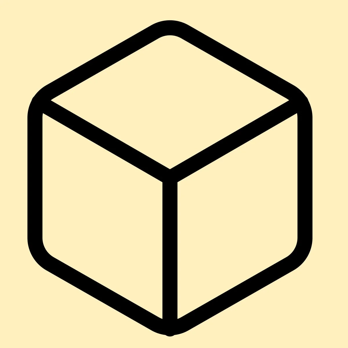 Simple black outline of a cube on a light yellow background.