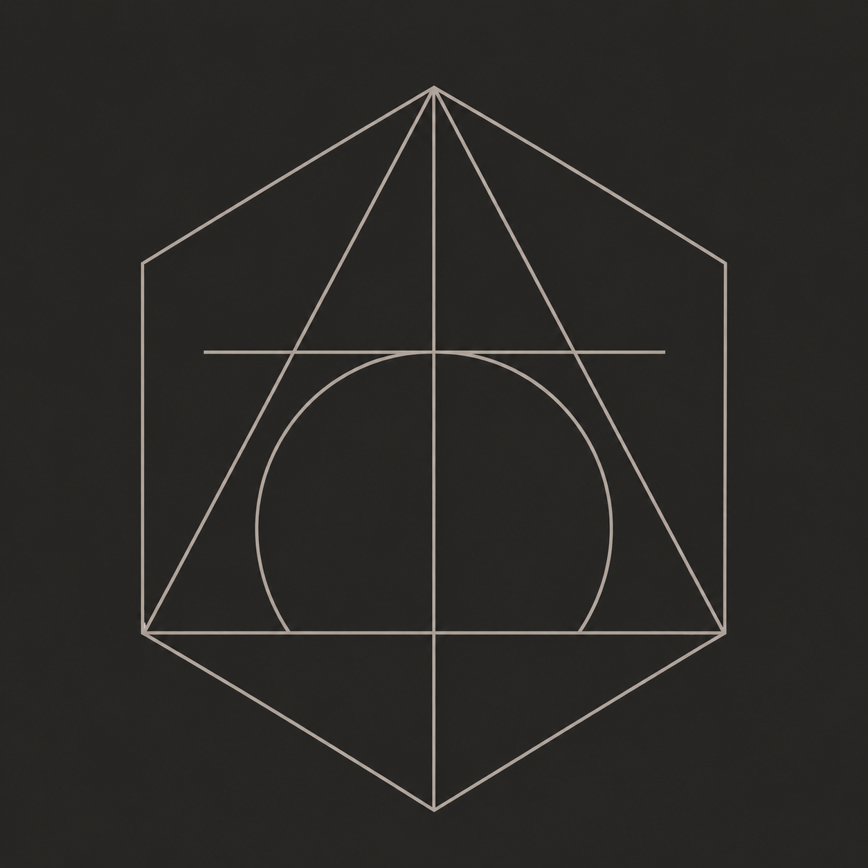 Geometrisk tegning av en sylindrisk form med ulike innvendige linjer og sirkler på en svart bakgrunn.