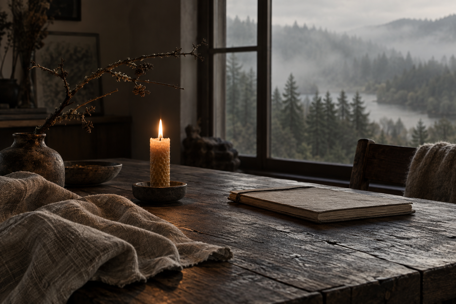 Et rustikt trediskbord med en telys, en keramisk vase med tørre greiner, en åpen regnbøye-terdsk, og en stor åpen vindusåpning med utsikt over en skogkledd dal og fjell i bakgrunnen.