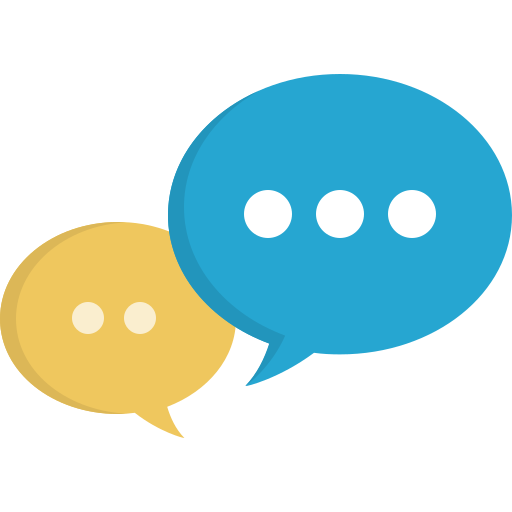 Two speech bubbles, one yellow with two white dots, one blue with three white dots, overlapping each other.