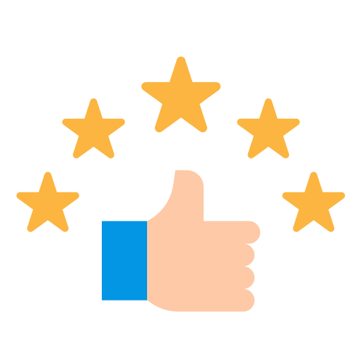 Thumbs up hand with five stars surrounding it, indicating approval or positive review.