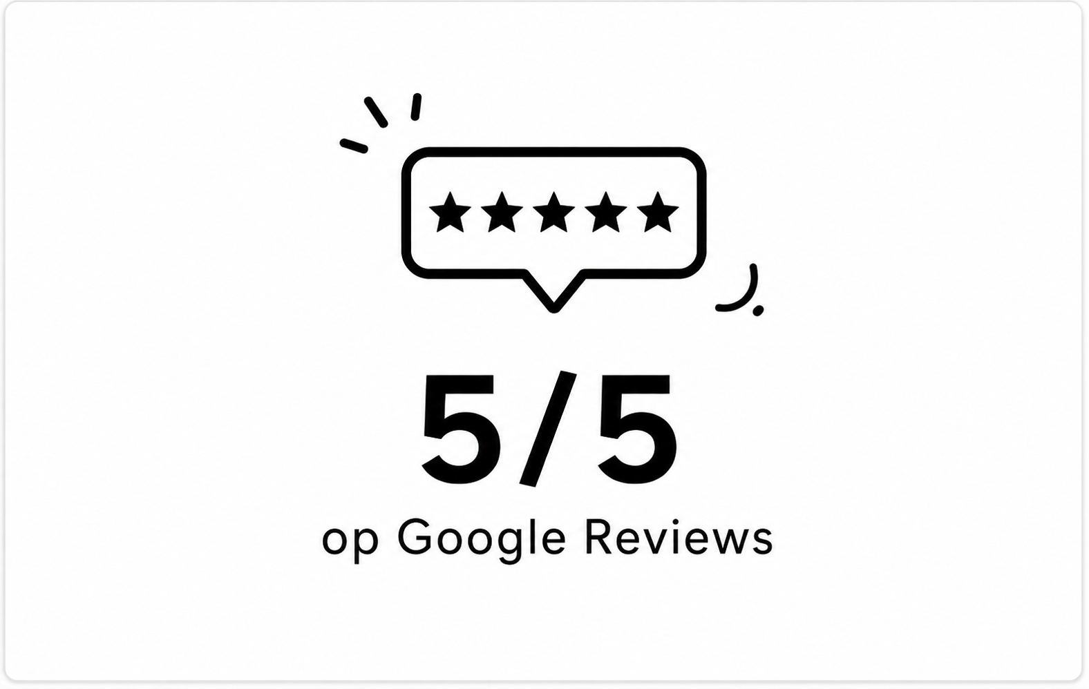 Een zwart-witte grafiek met een kortingsballon en een rating van 5 van 5 sterren op Google Reviews.