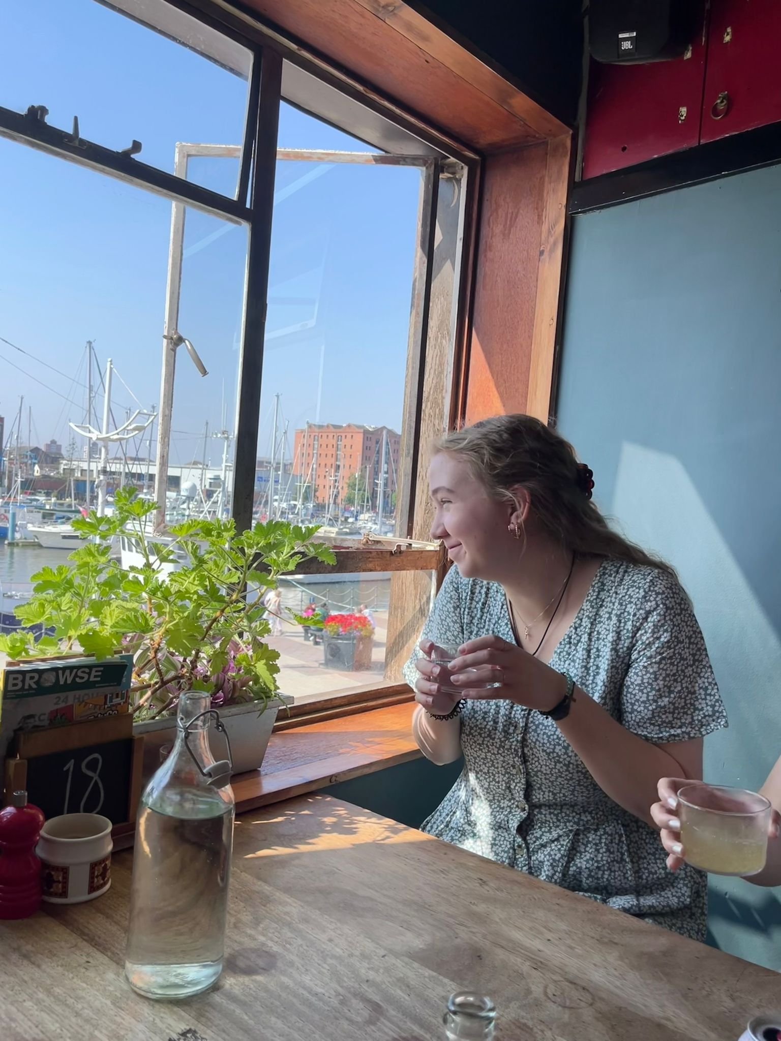 A woman with braided hair wearing earrings and a patterned shirt is sitting at a wooden table in a restaurant, holding a glass with a beverage. There is a window behind her with a view of boats and buildings in a marina. On the table, there are a clear glass bottle of water, some condiments, and potted plants. The sky outside is clear and blue.