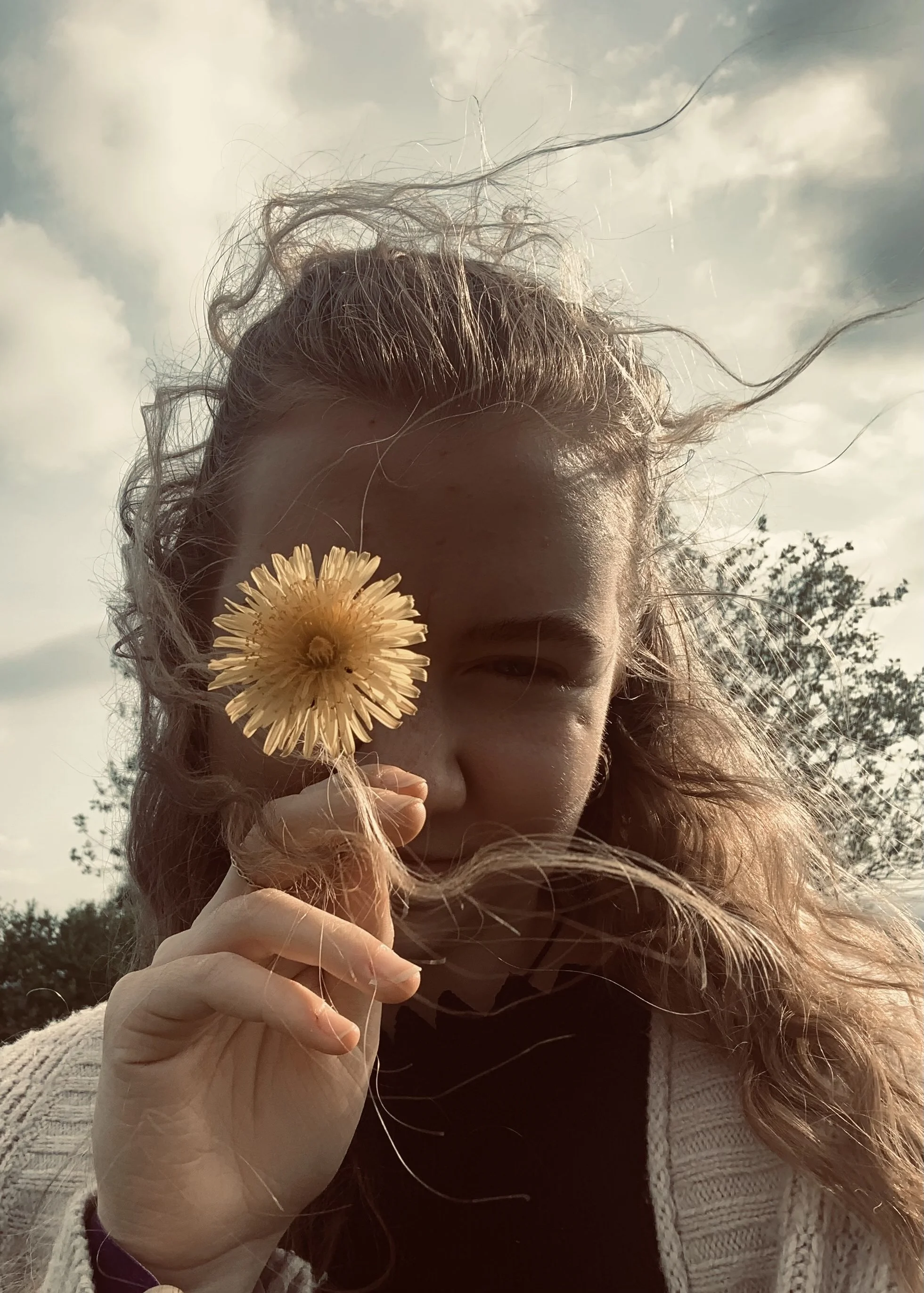 Close-up of a person holding a yellow flower near their eye, with curly hair and a light-colored sweater, outdoors on a cloudy day.