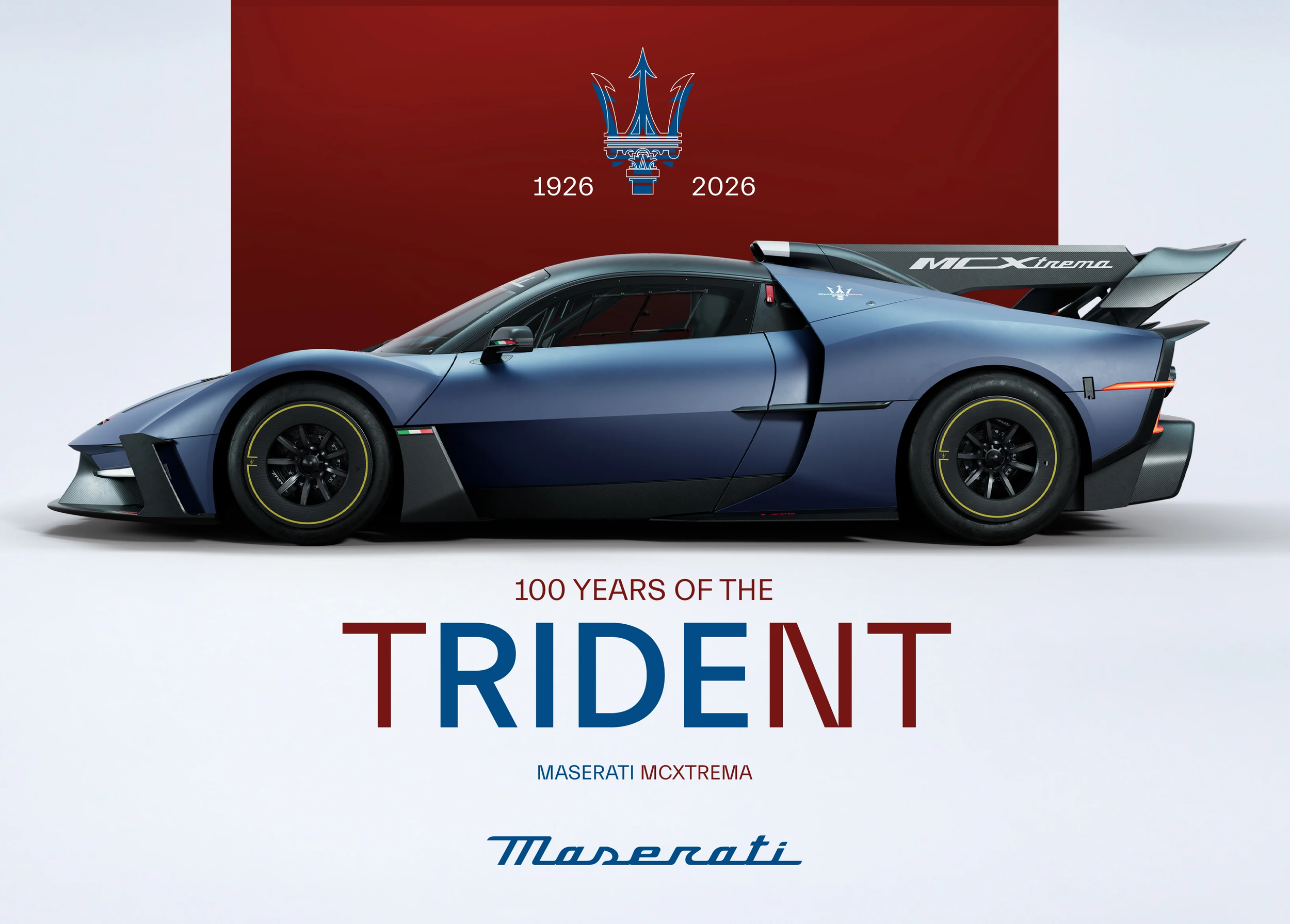 A blue Maserati MCXtrema sports car is displayed in front of a red background with the Maserati logo and the years 1926 and 2026. The text below indicates a 100-year celebration of Maserati.