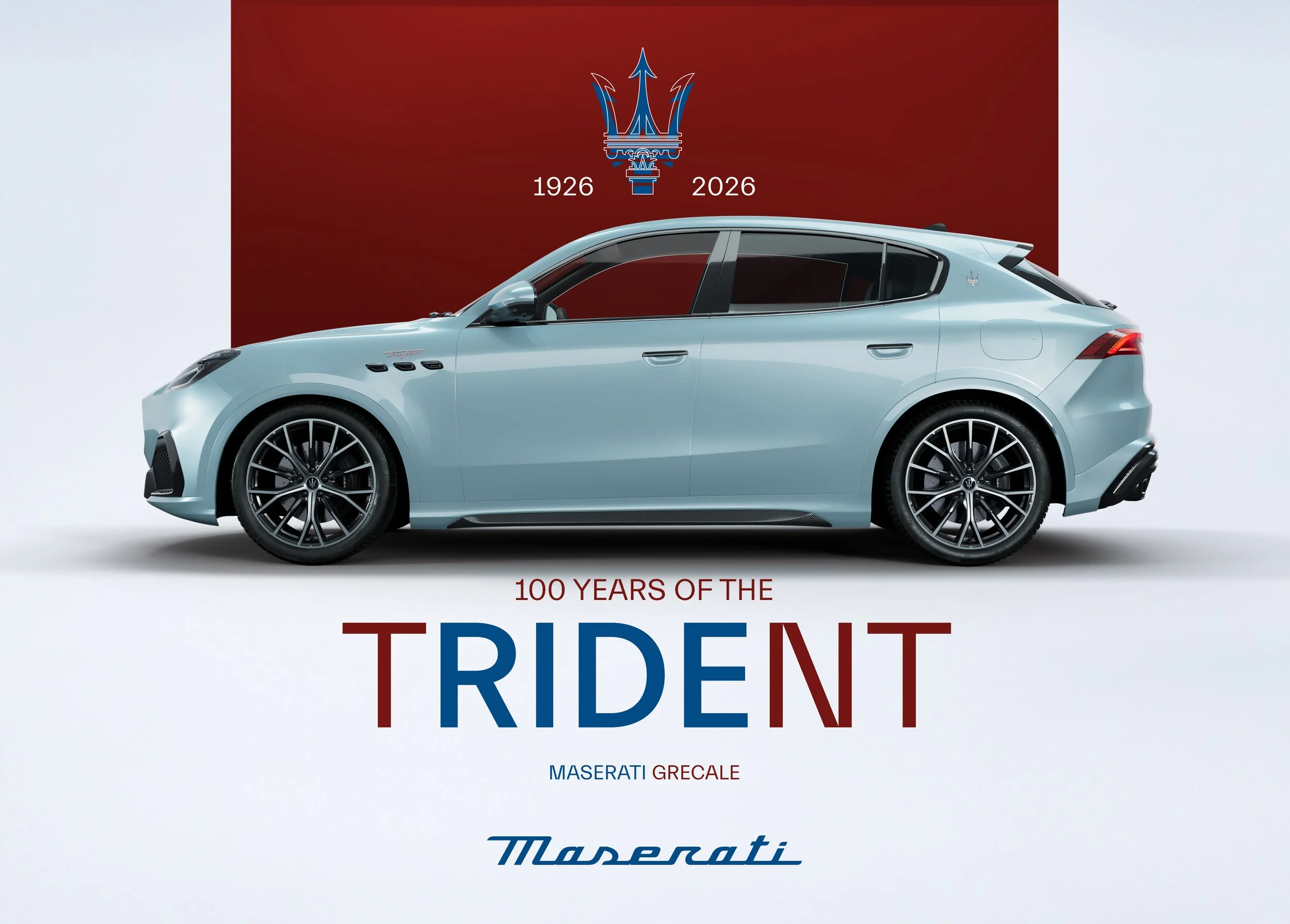 A light blue Maserati Grecale SUV is positioned in front of a red background with a Maserati trident logo and the years 1926 and 2026. The text on the image reads '100 Years of the Trident' and 'Maserati Grecale'.