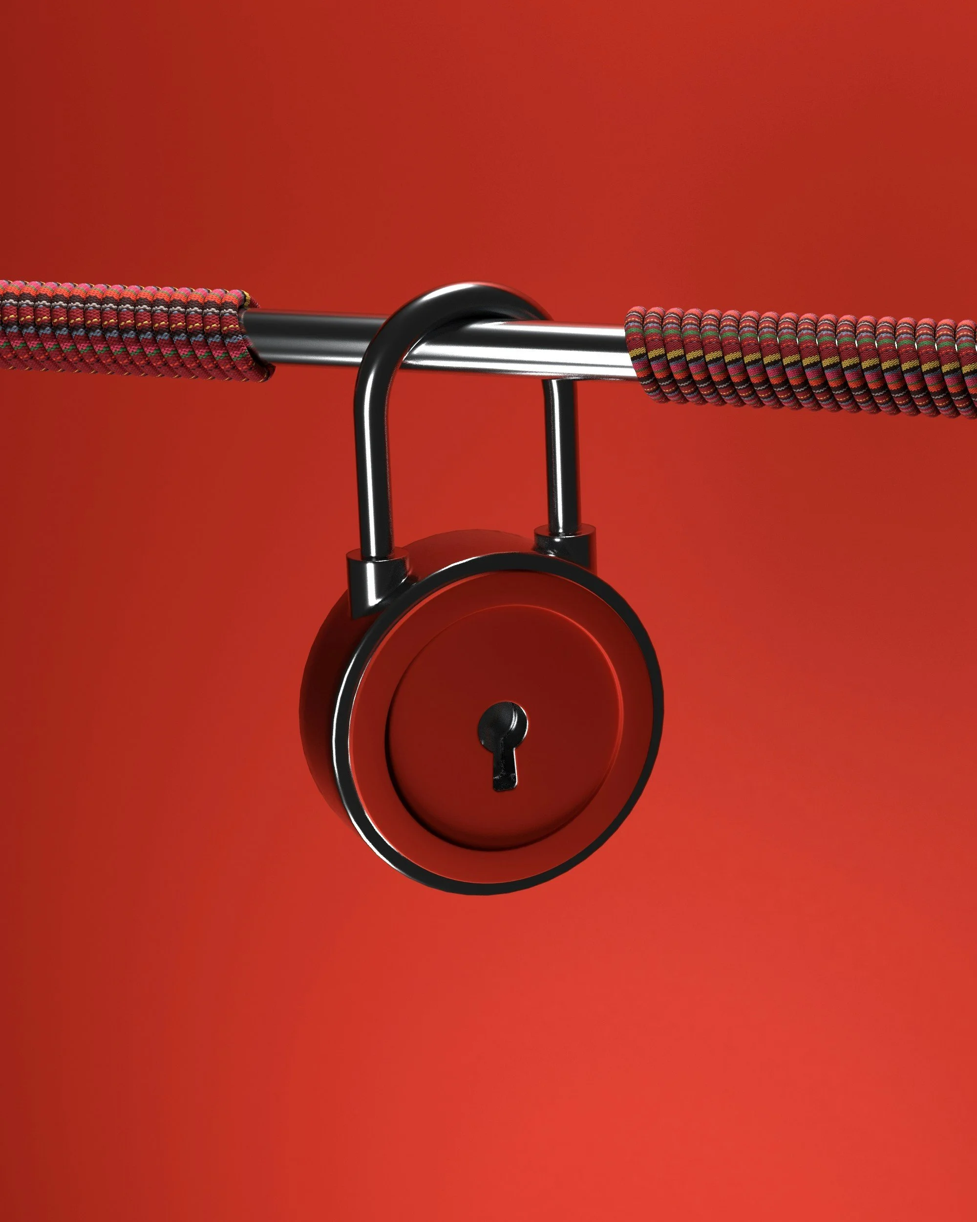 Red padlock securing a multicolored braided rope against a red background