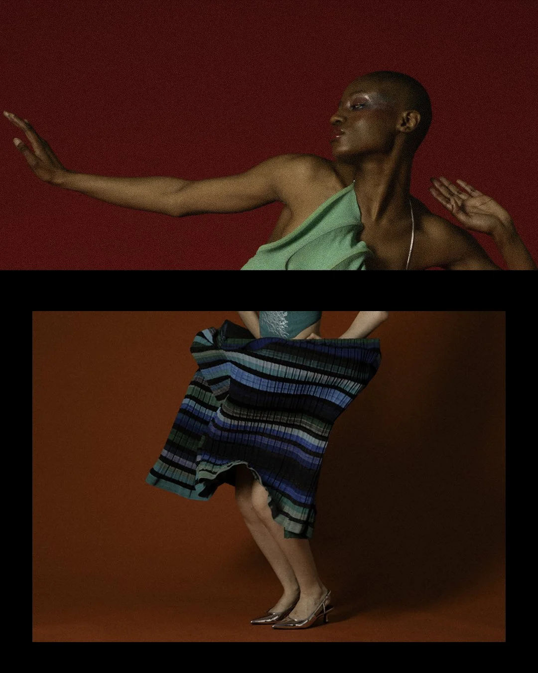 A split image of two women, one in a green dress with short hair and the other in a colorful striped skirt, posing against a red background.