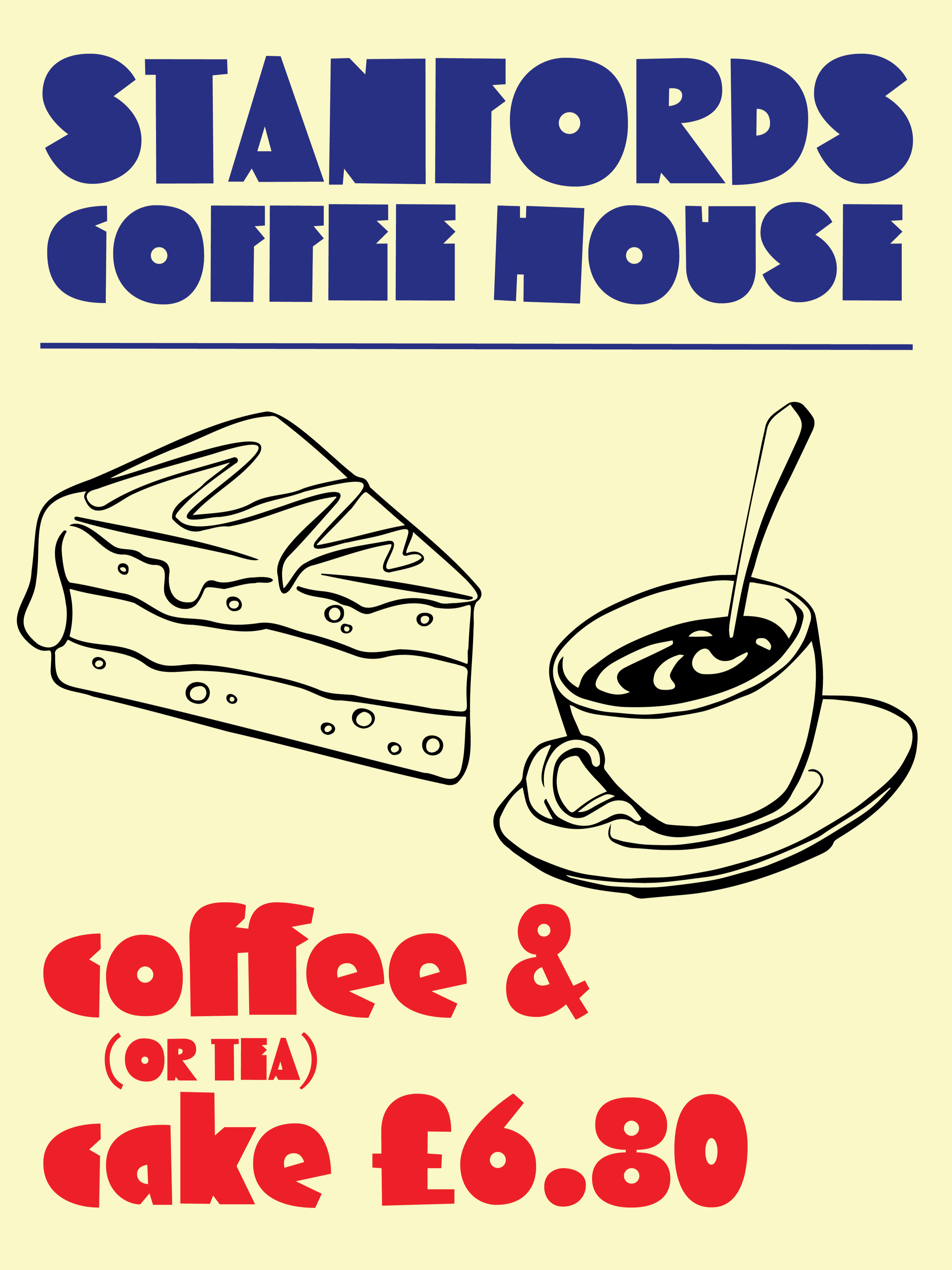 Black line drawing of a slice of cake with icing and a swirl of cream on top, and a cup of coffee or tea with a spoon in it, on a saucer.