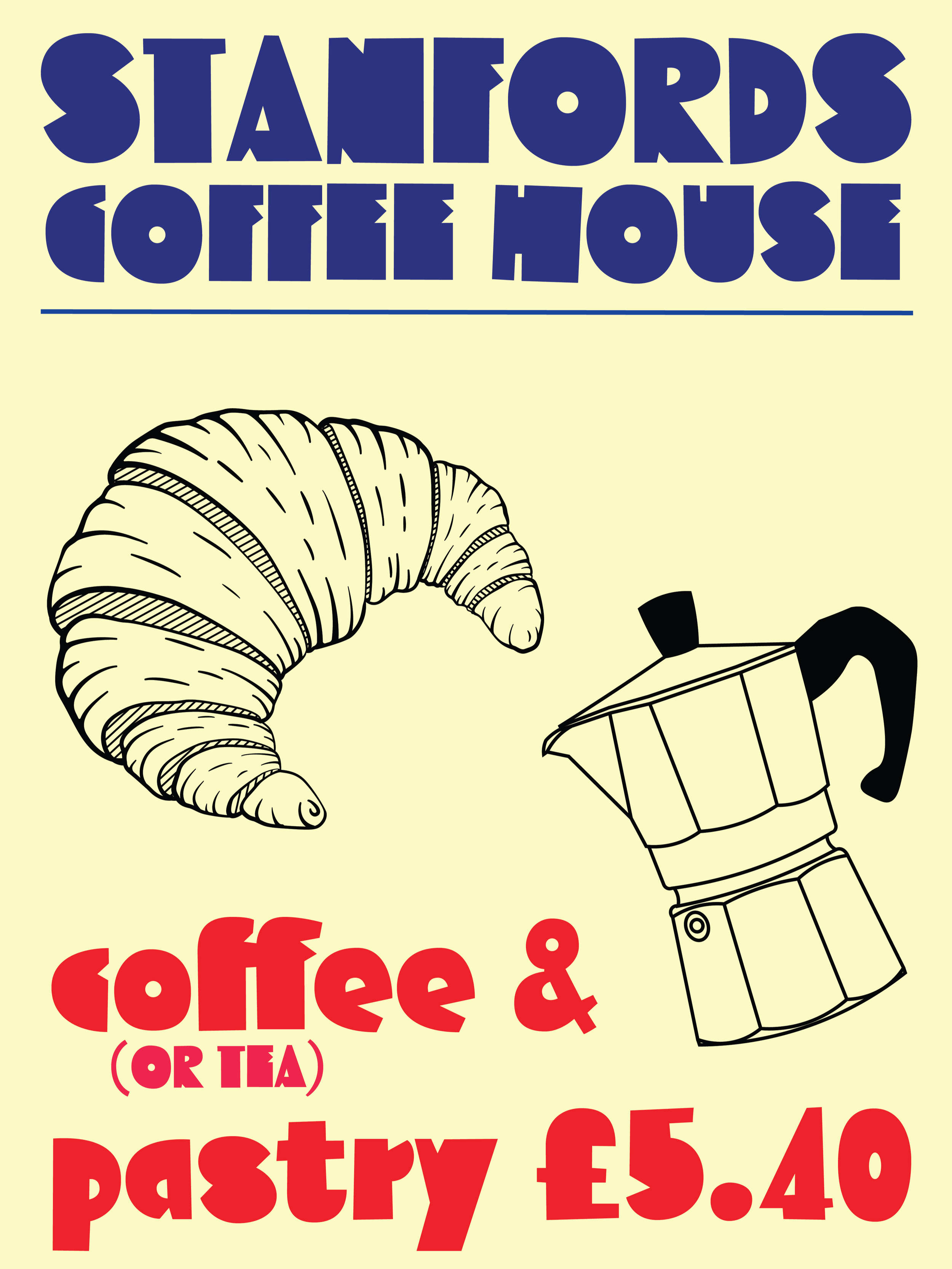 A sign advertising coffee and tea, with illustrations of a croissant and a coffee pot.