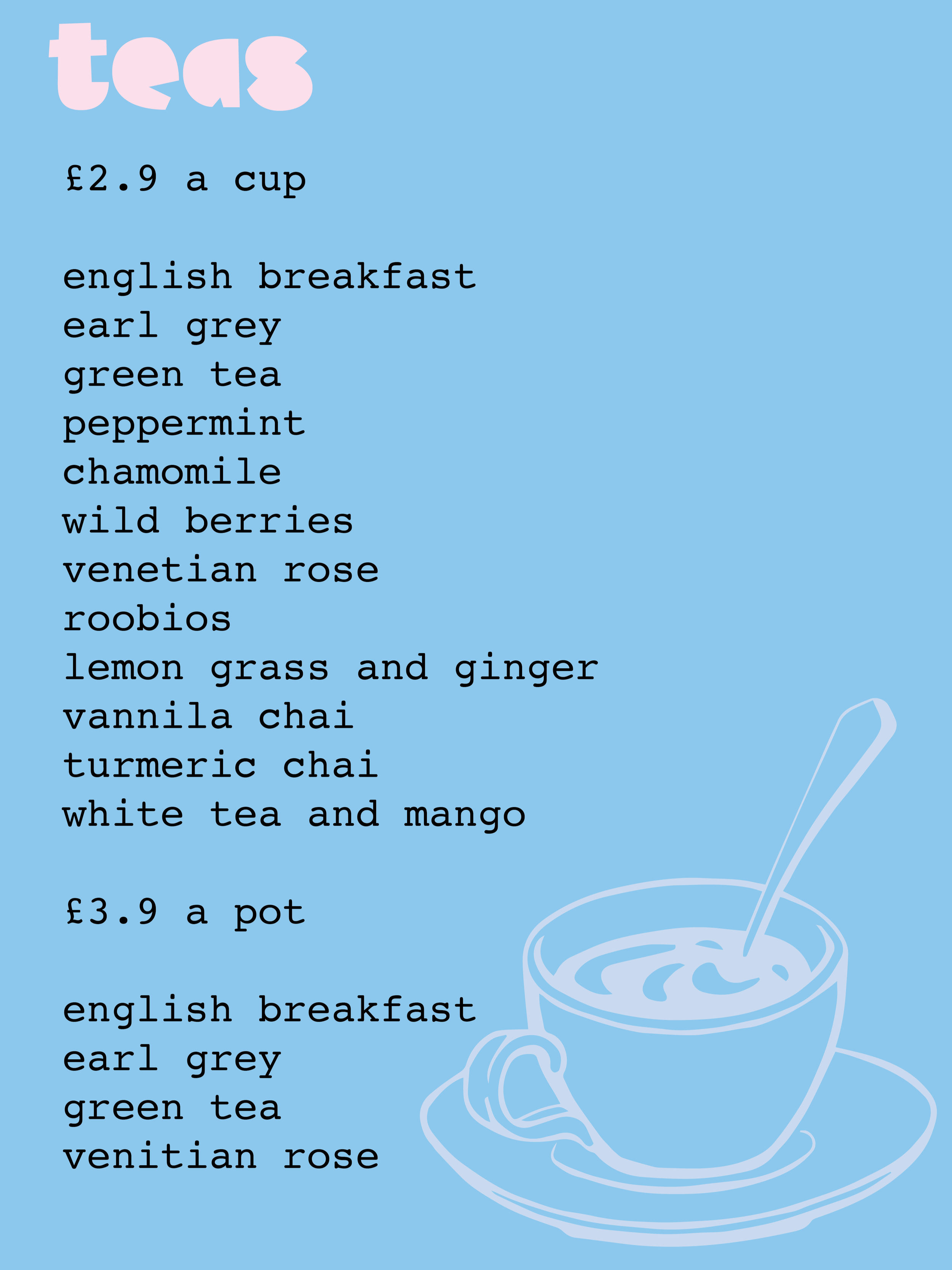 A menu listing various types of tea on a blue background with a faint illustration of a steaming cup of tea.