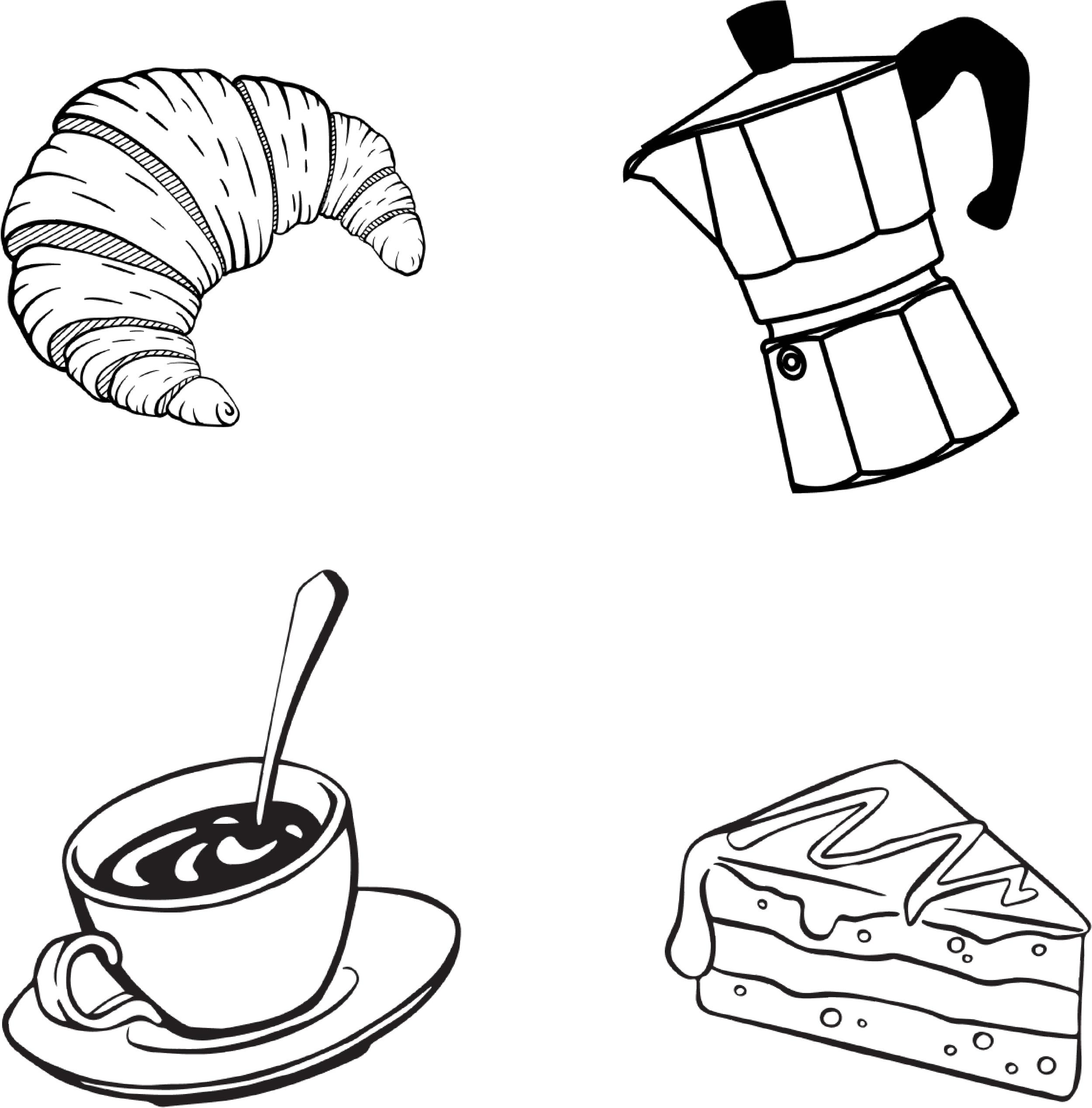 Outline of a croissant, a coffee mug, a spoon, a knife, a plate with food, and a napkin.
