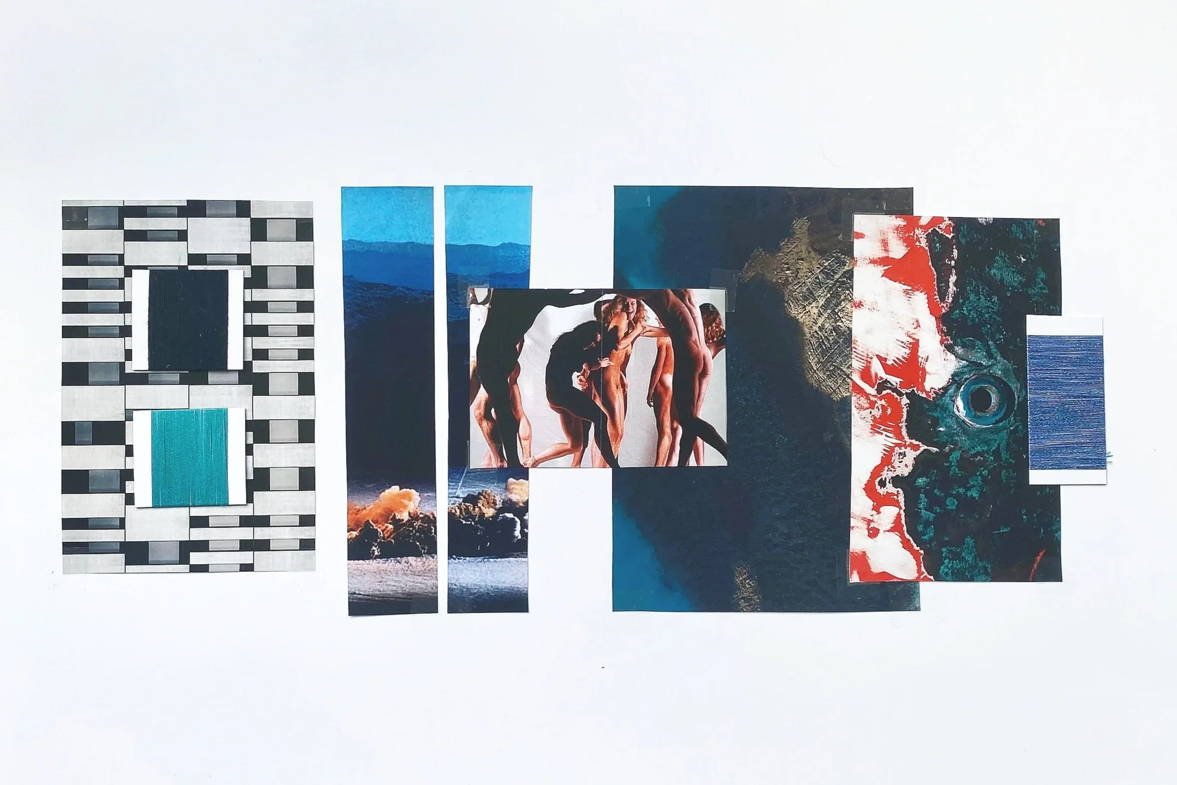 A collage of various abstract and nature-themed images, including geometric patterns, blue mountain landscapes, photographs of human legs intertwined, an aerial view of terrain, and vibrant paint splashes.