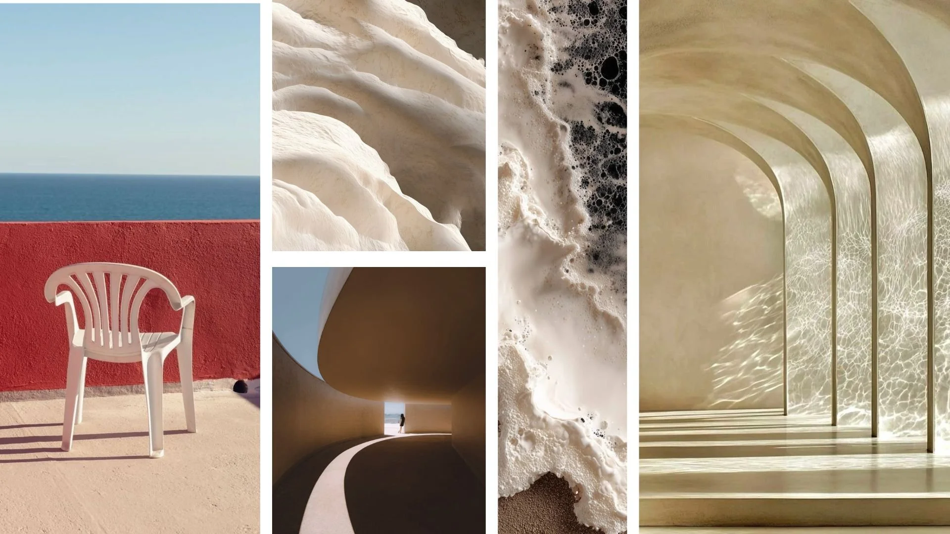A collage of six photos featuring various natural and architectural scenes. The first photo shows a white plastic chair on a balcony with a red wall and ocean in the background. The second image displays white, textured rocks, possibly limestone or marble. The third provides a close-up of foamy waves crashing, with black bubbles visible. The fourth depicts the interior of a curved hallway or tunnel with beige walls and a person walking towards an opening with a view outside. The fifth features a series of arched windows or mirrors reflecting light and patterning on beige walls. The sixth is a textured, abstract scene of foam and sand, with foamy water over dark brown sand.