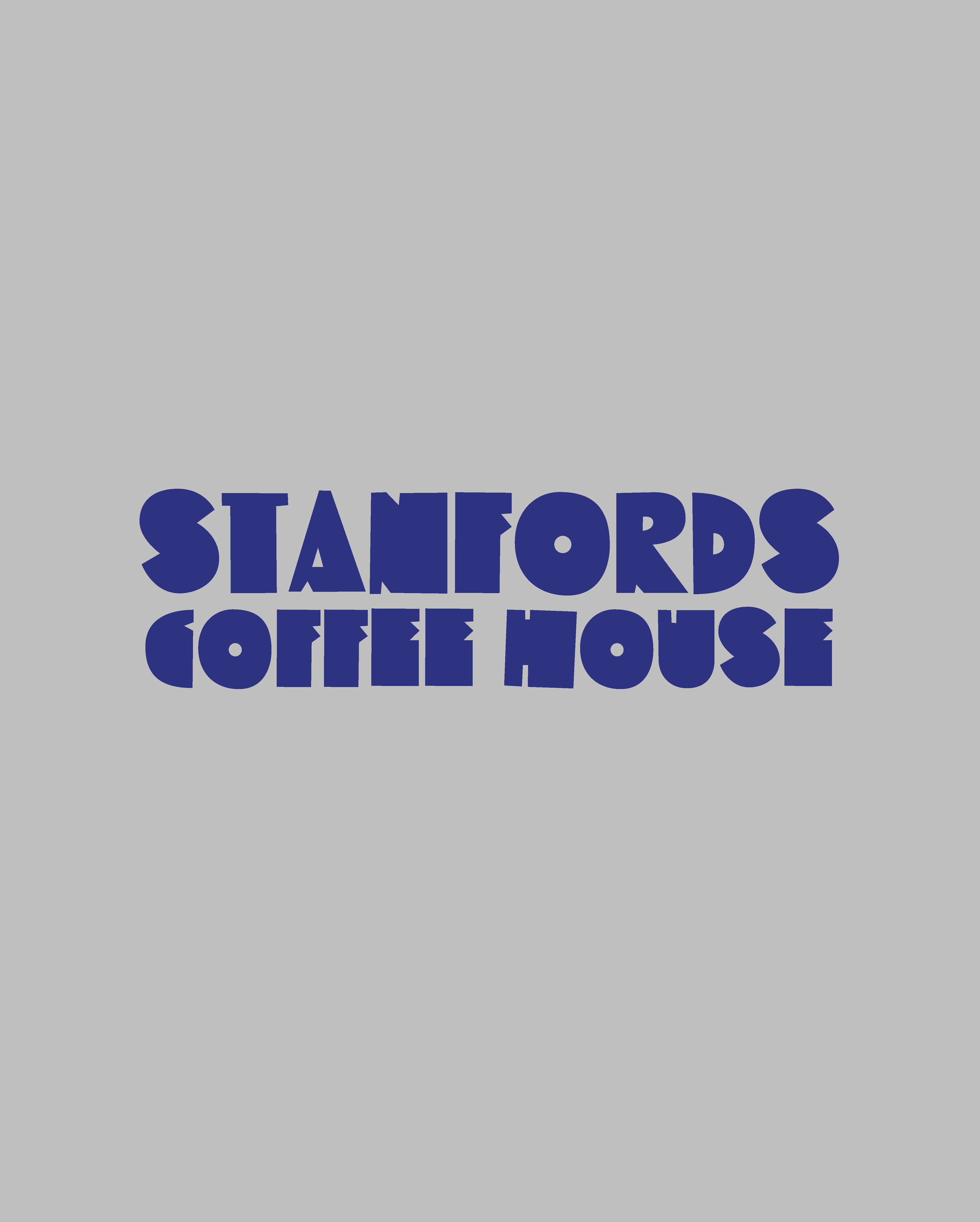 Part of a sign with the words 'STAMFORDS COFFEE HOUSE' in bold, dark blue letters on a gray background.