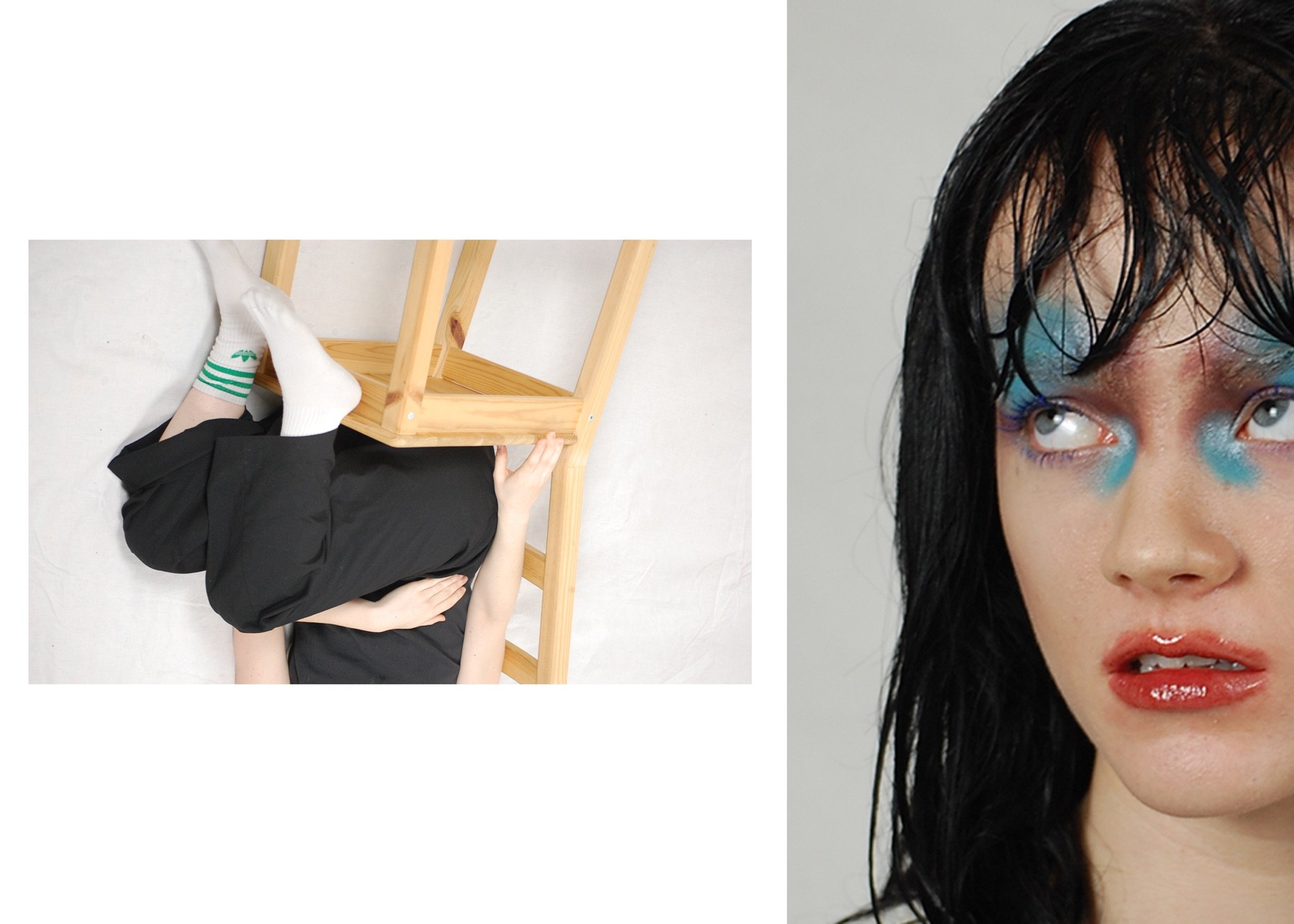 Side view of a woman with wet black hair and colorful makeup on her eyes and lips, looking to the side.
