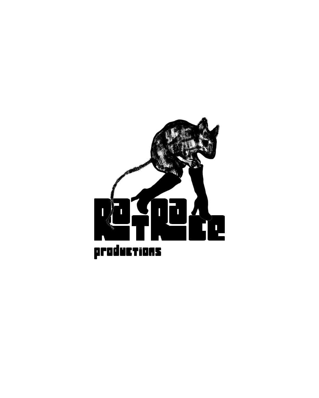 A black and white logo featuring a stylized rat with a human body wearing pants. The rat is positioned above bold text that reads 'RESOLVE' and smaller text below it saying 'productions'.